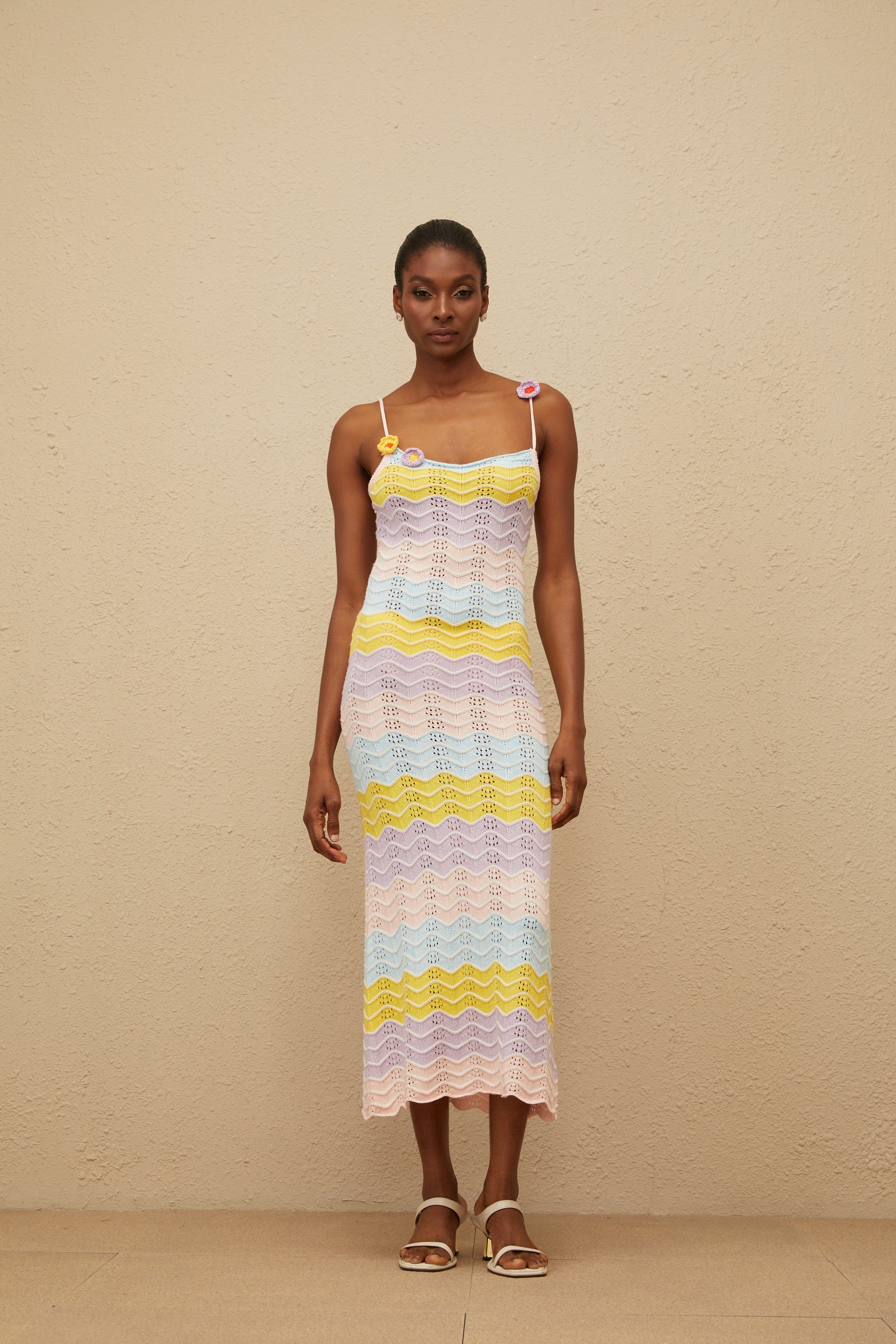 Véronique Pink Wave Knit Crochet Midi Dress