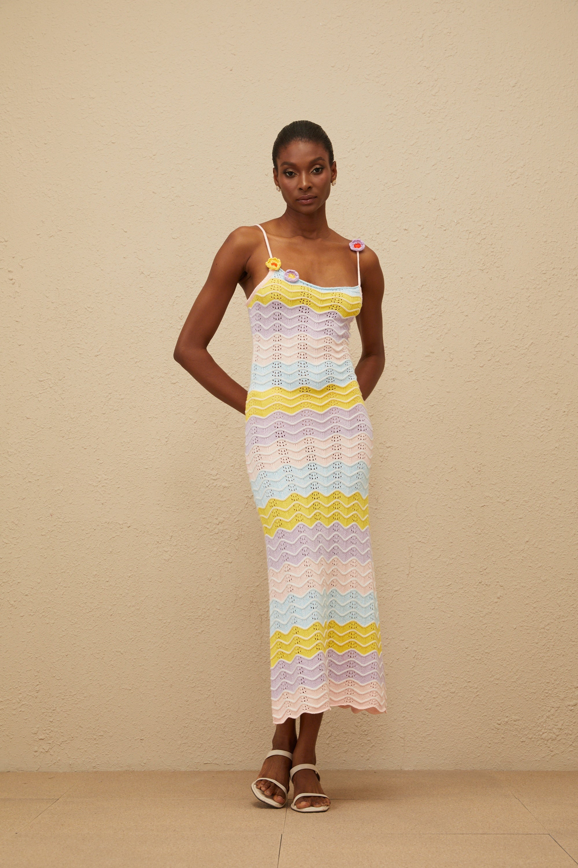 Véronique Pink Wave Knit Crochet Midi Dress