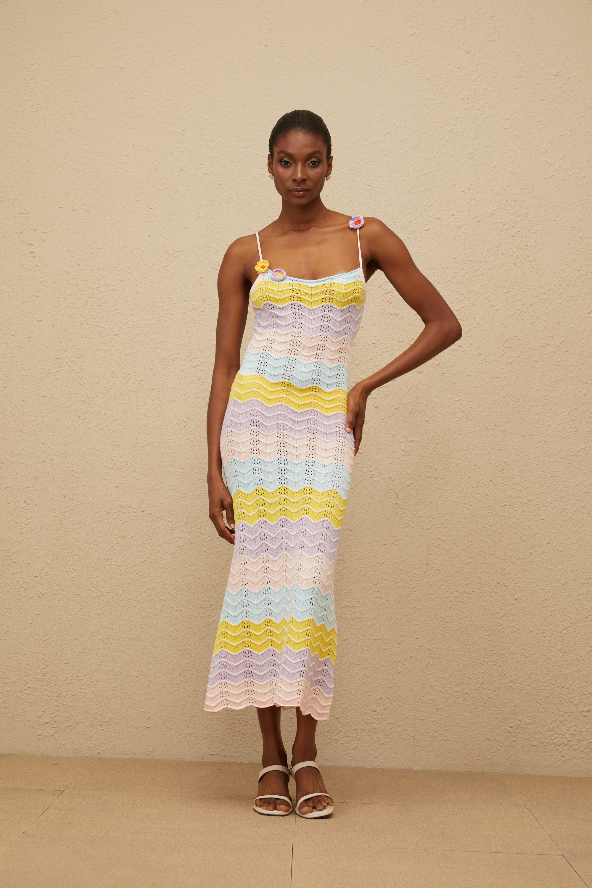 Véronique Pink Wave Knit Crochet Midi Dress