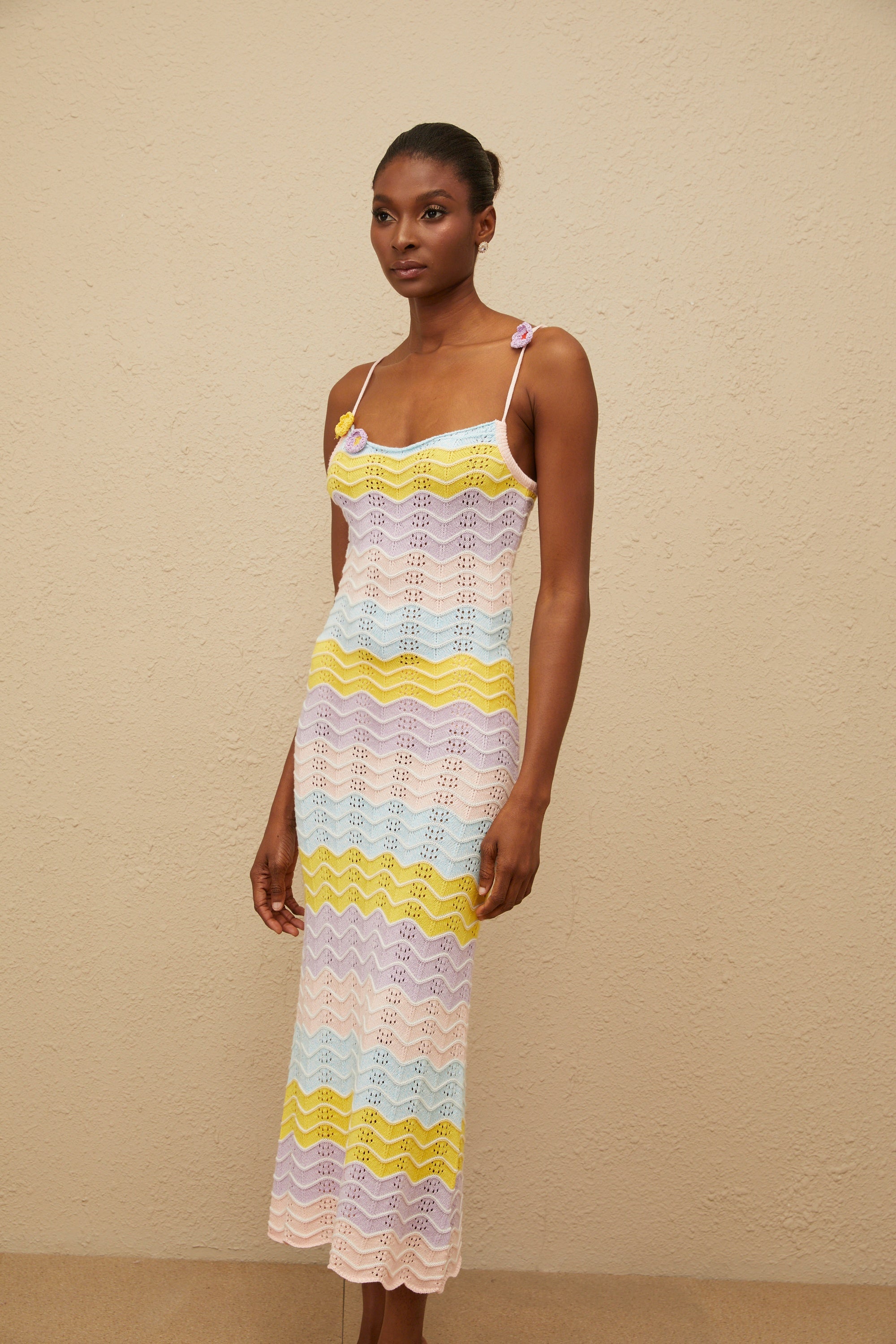Véronique Pink Wave Knit Crochet Midi Dress