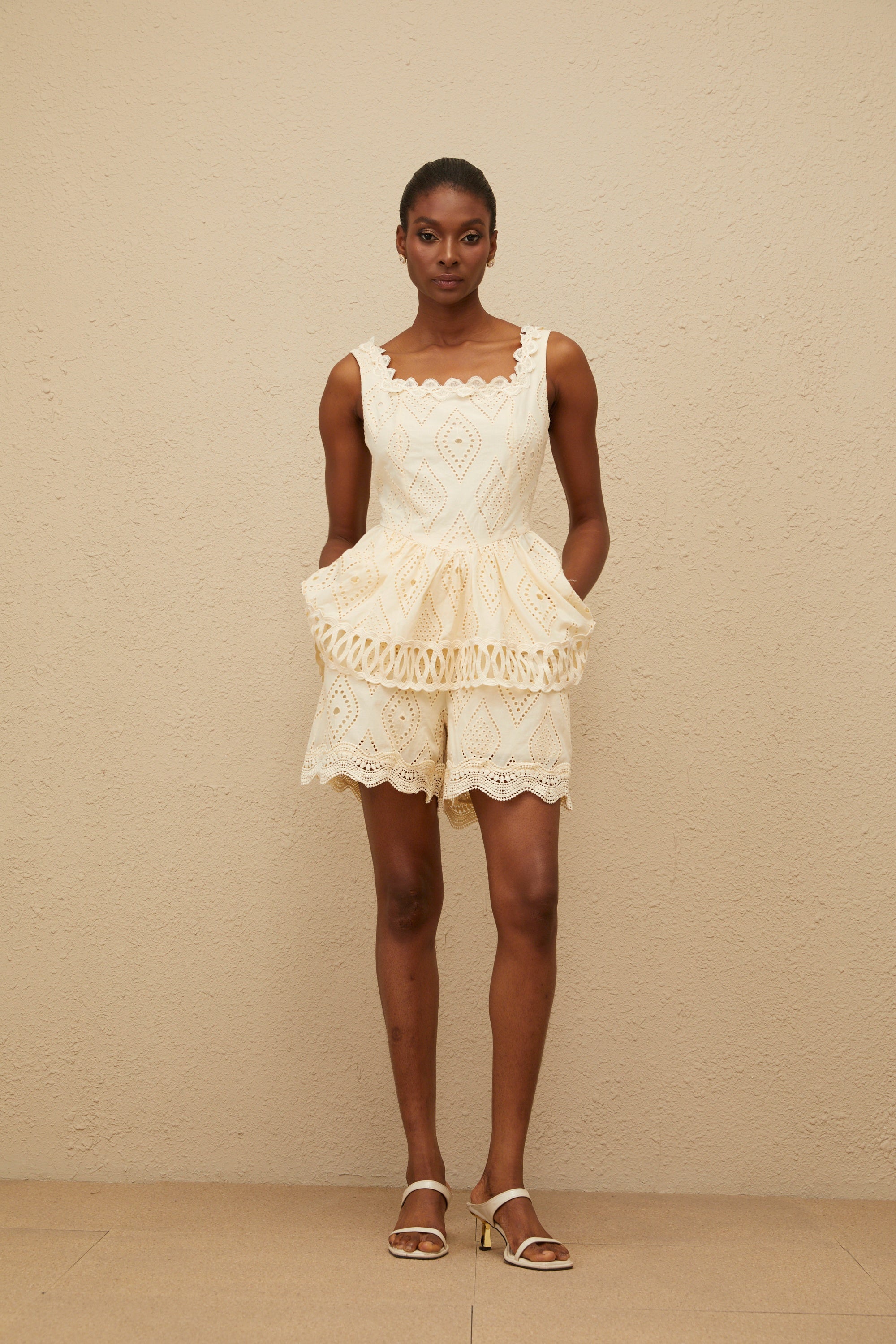 Katell Beige Embroidered Cutout Co-ord Set