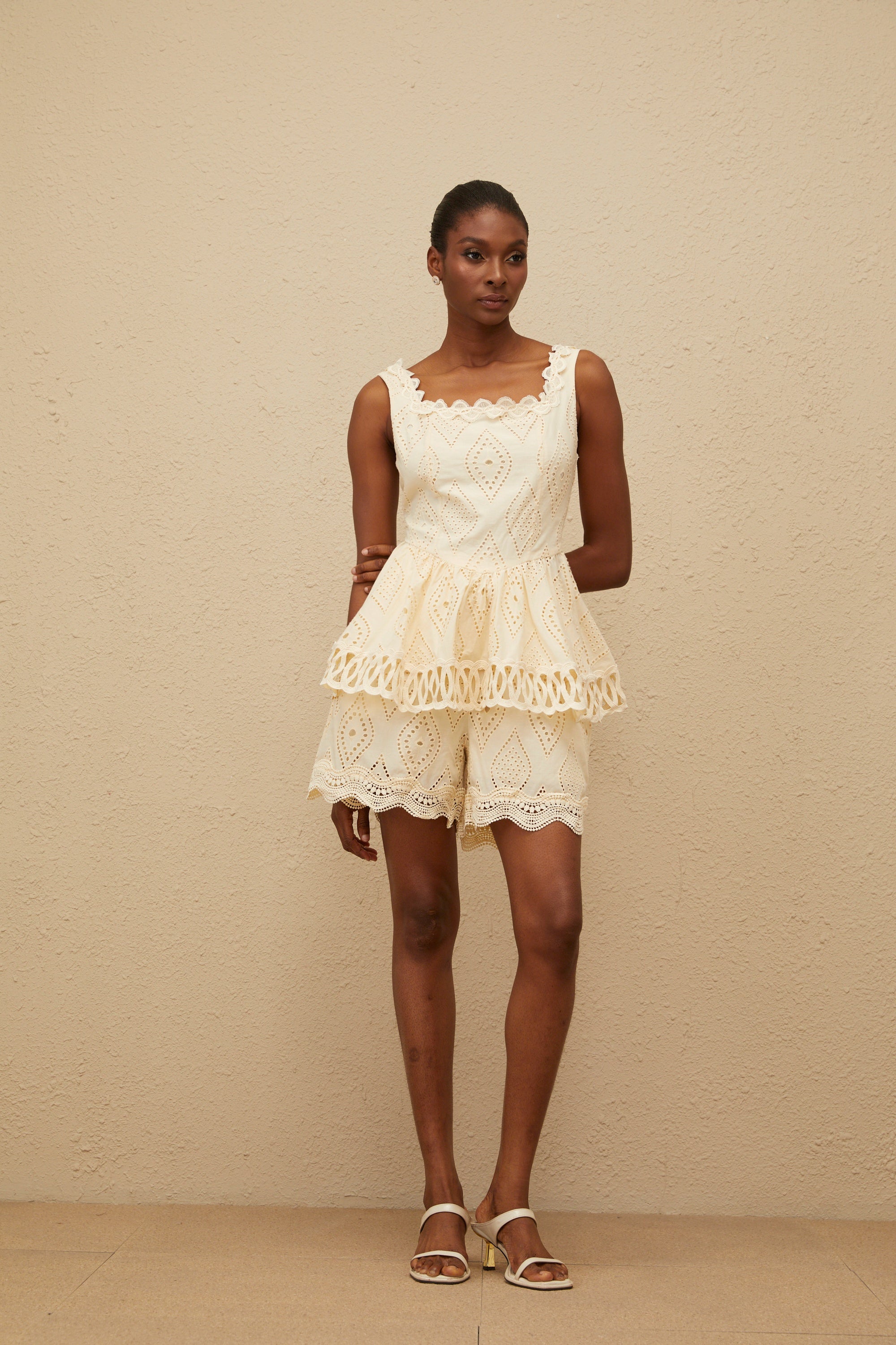 Katell Beige Embroidered Cutout Co-ord Set