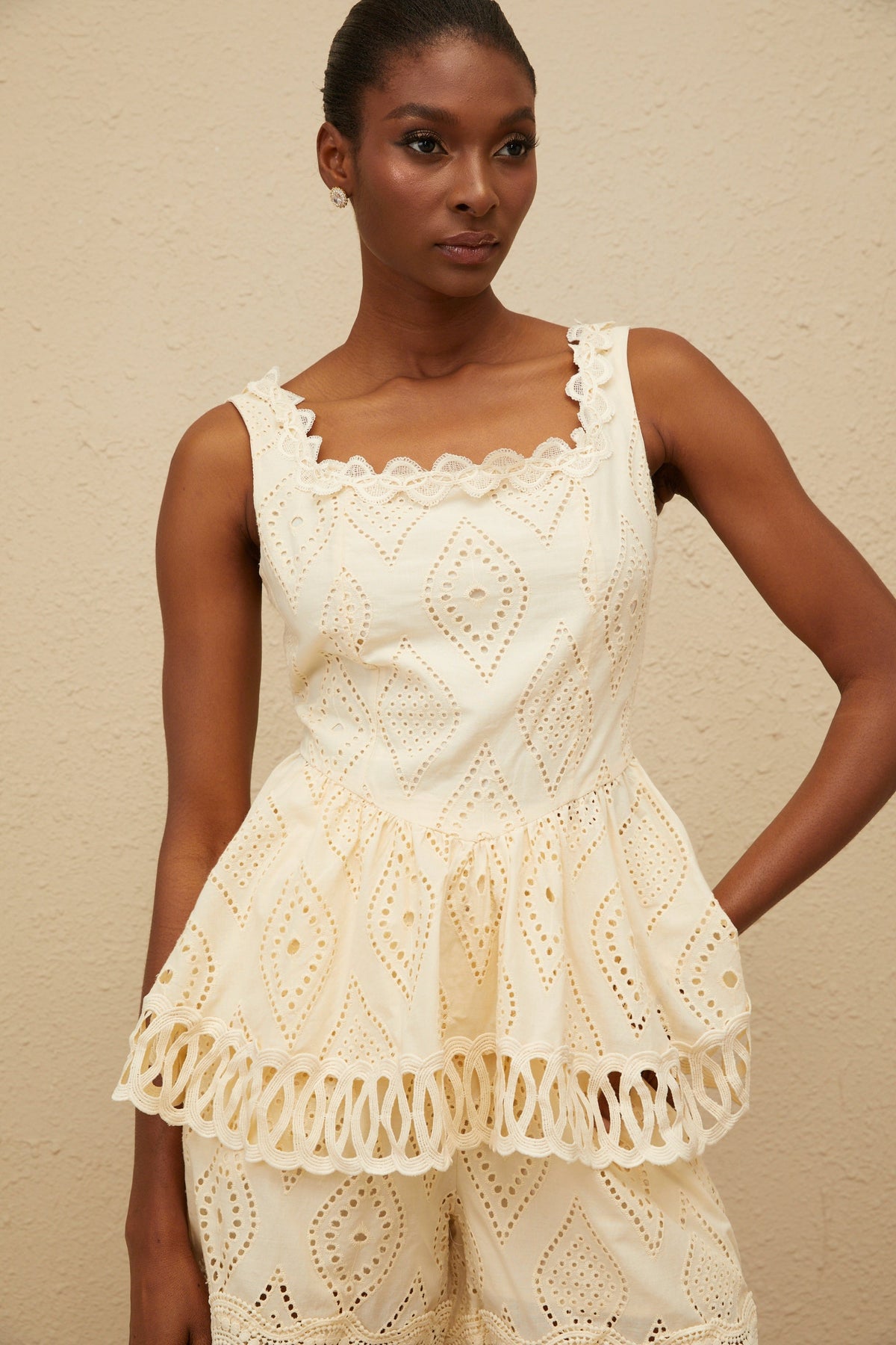 Katell Beige Embroidered Cutout Co-ord Set