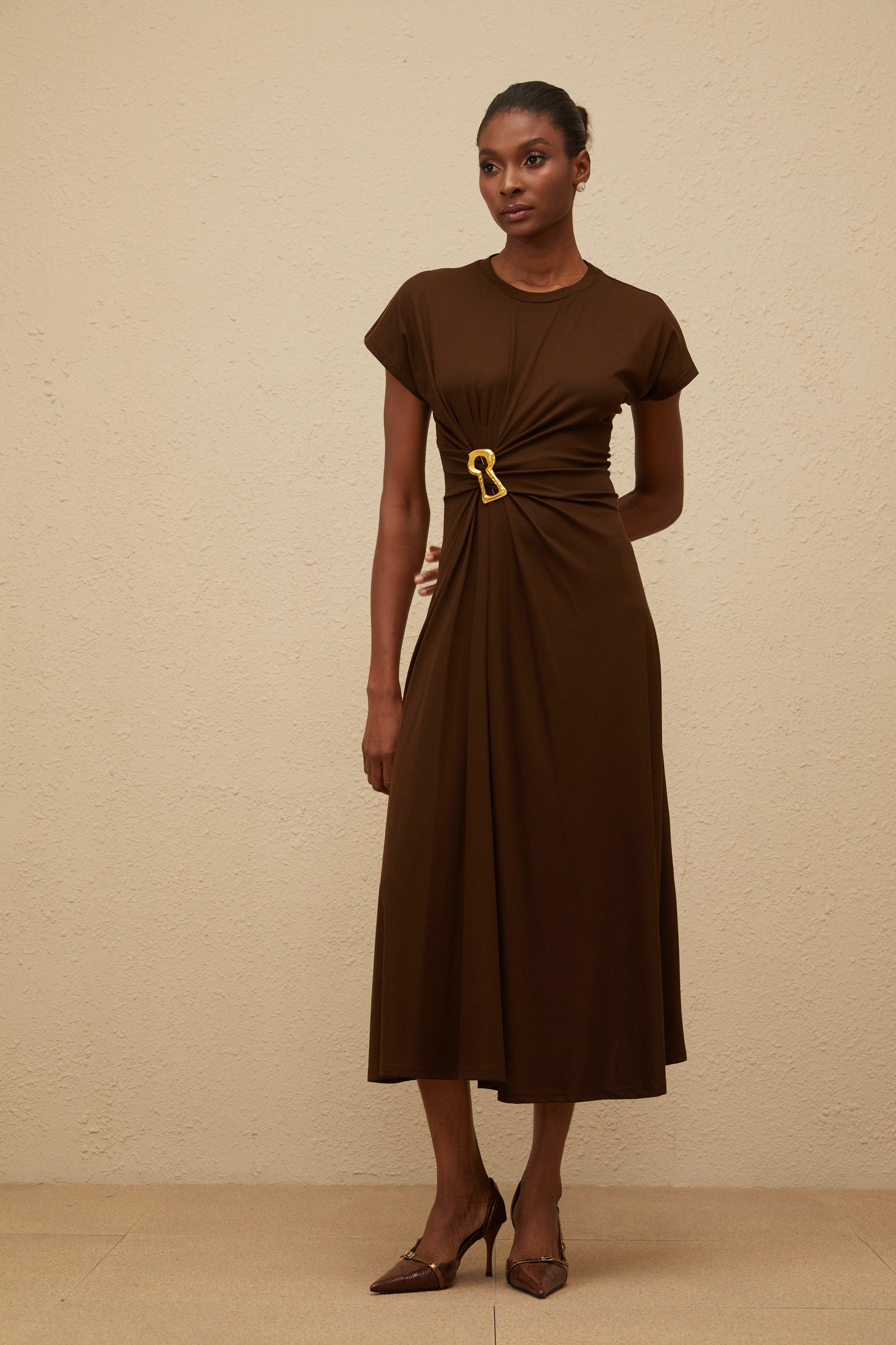 Ophélie Brown Gathered Keyhole Midi Dress