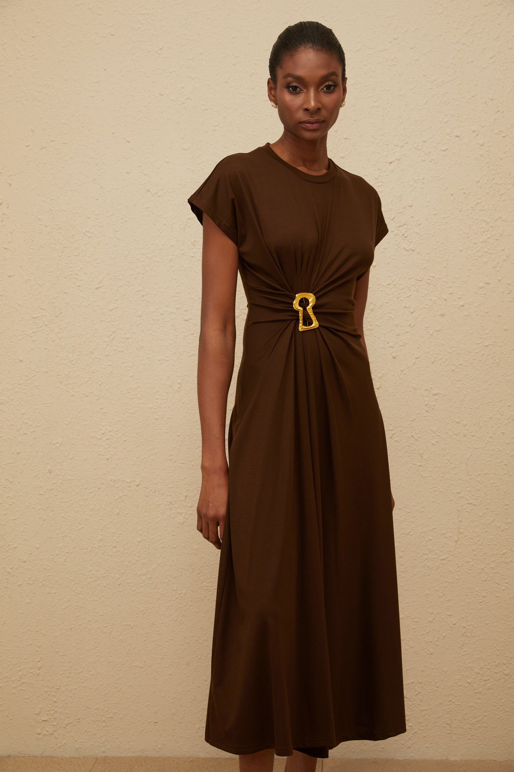 Ophélie Brown Gathered Keyhole Midi Dress
