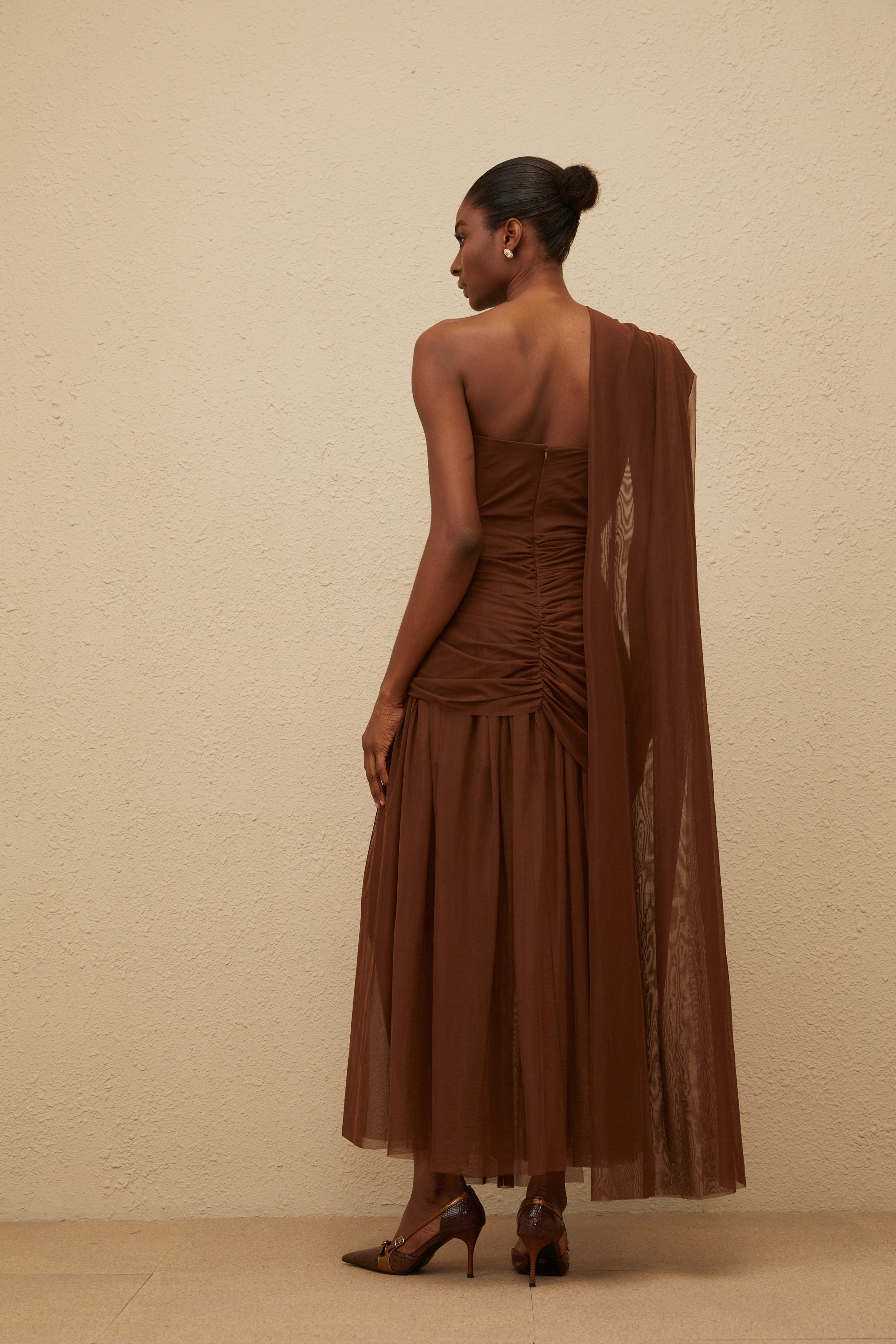 Agathe Brown Asymmetrical Evening Maxi Gown (Final Sale)