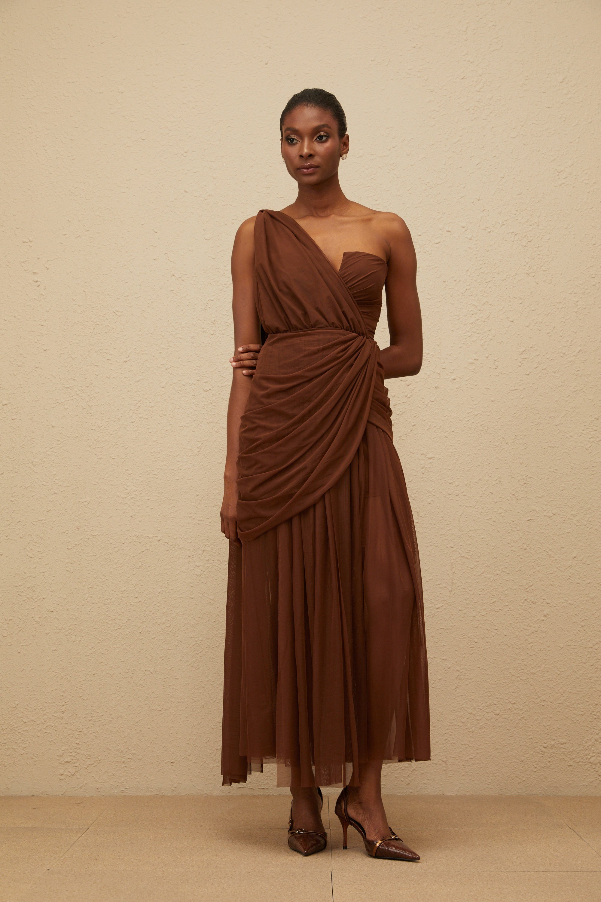 Agathe Brown Asymmetrical Evening Maxi Gown