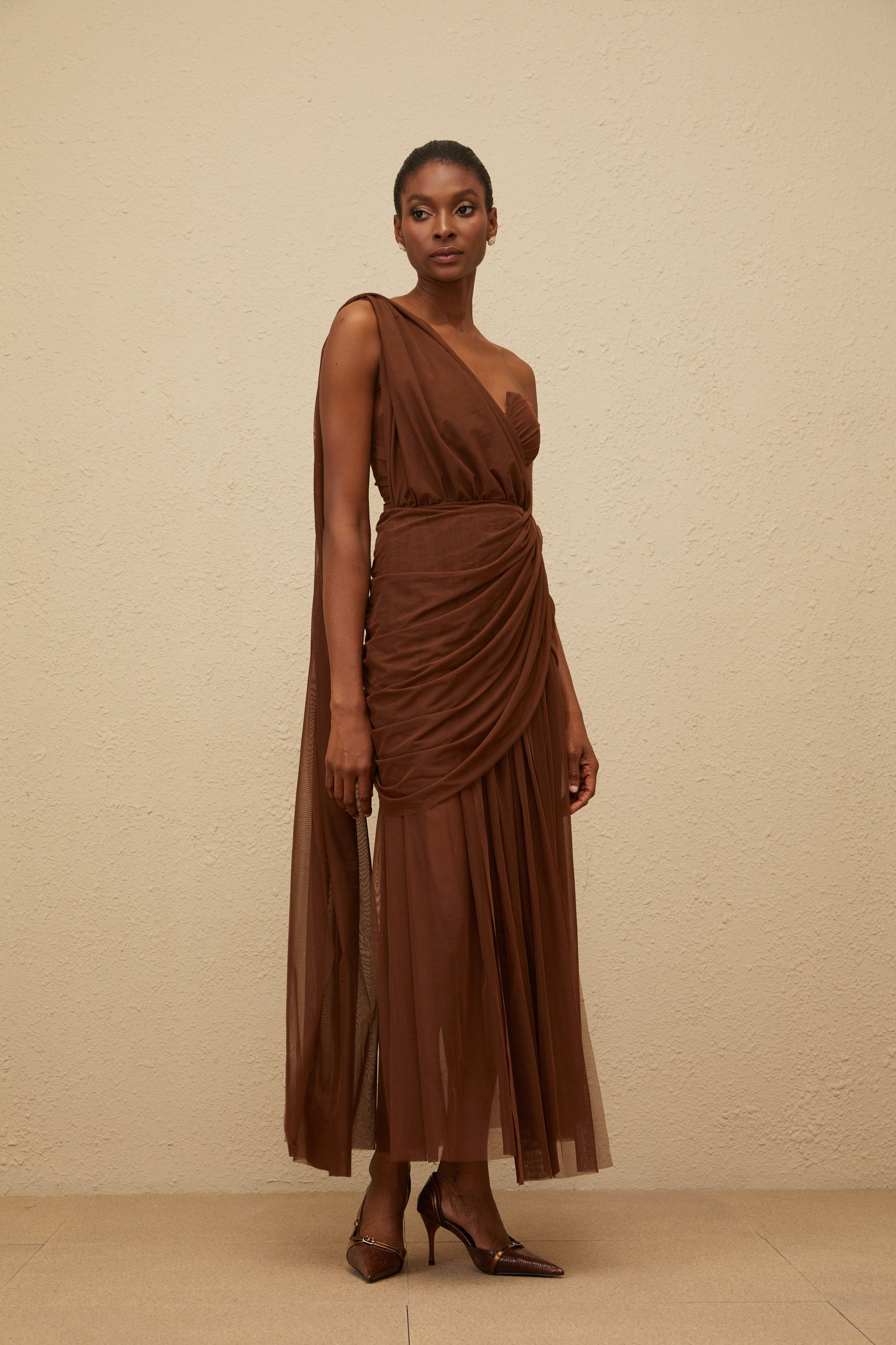 Agathe Brown Asymmetrical Evening Maxi Gown