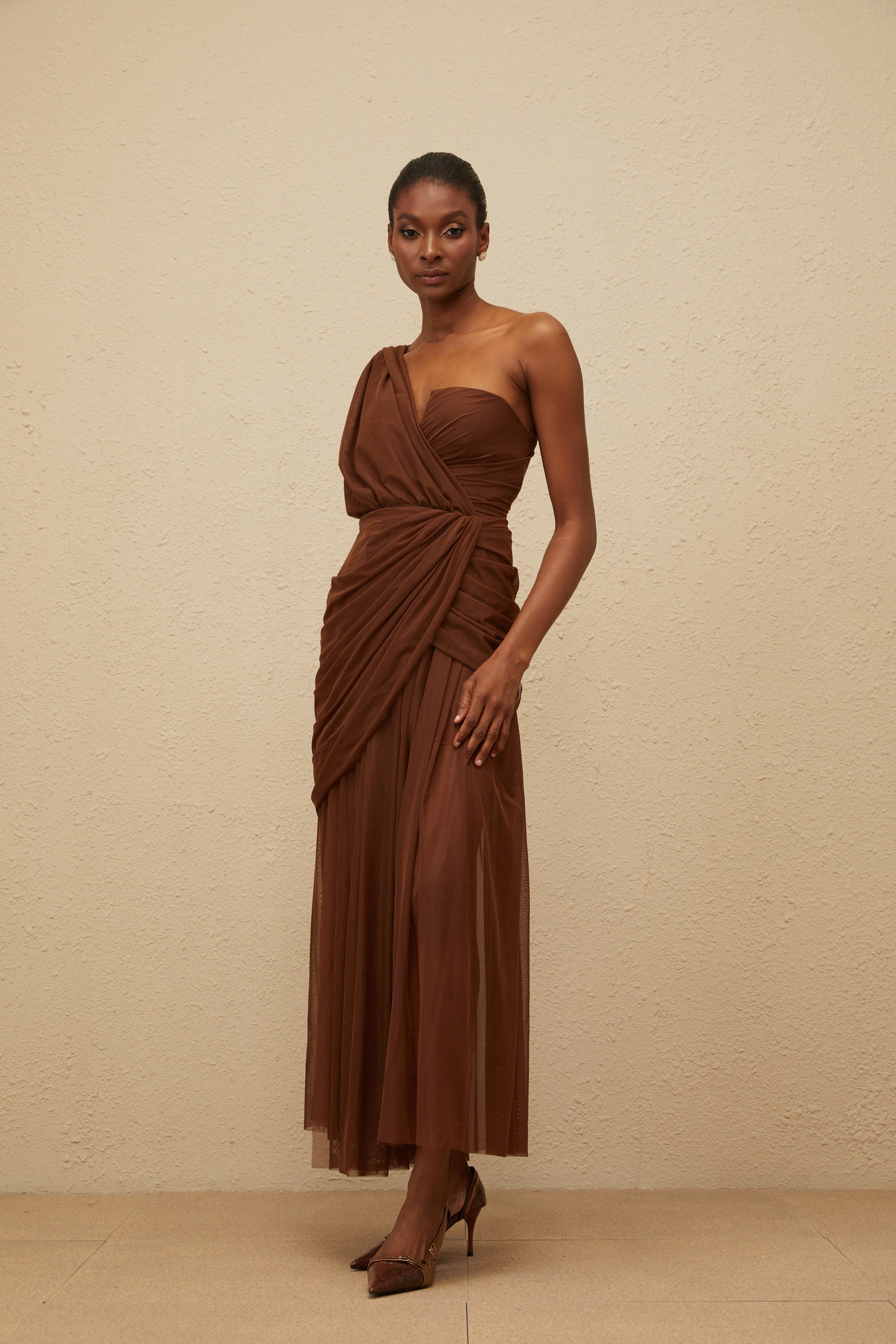 Agathe Brown Asymmetrical Evening Maxi Gown