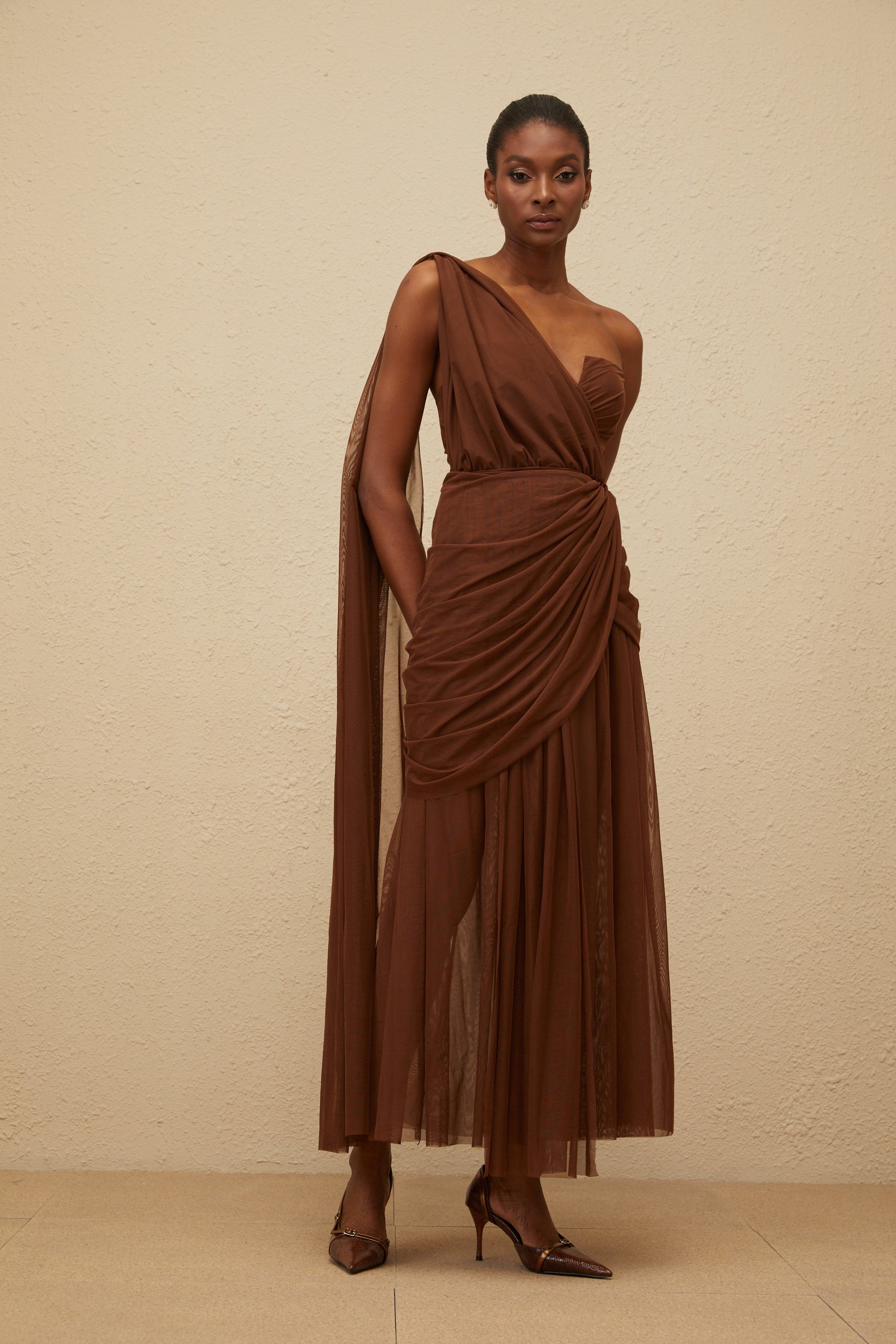 Agathe Brown Asymmetrical Evening Maxi Gown