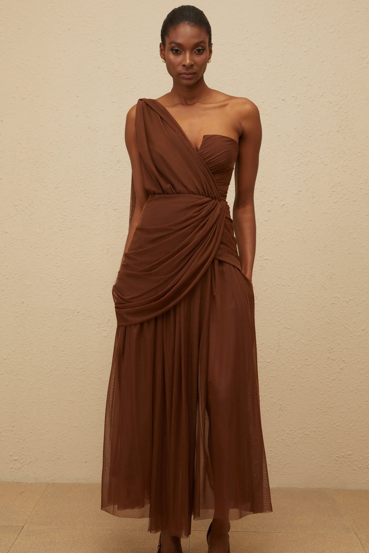 Agathe Brown Asymmetrical Evening Maxi Gown (Final Sale-US Only)