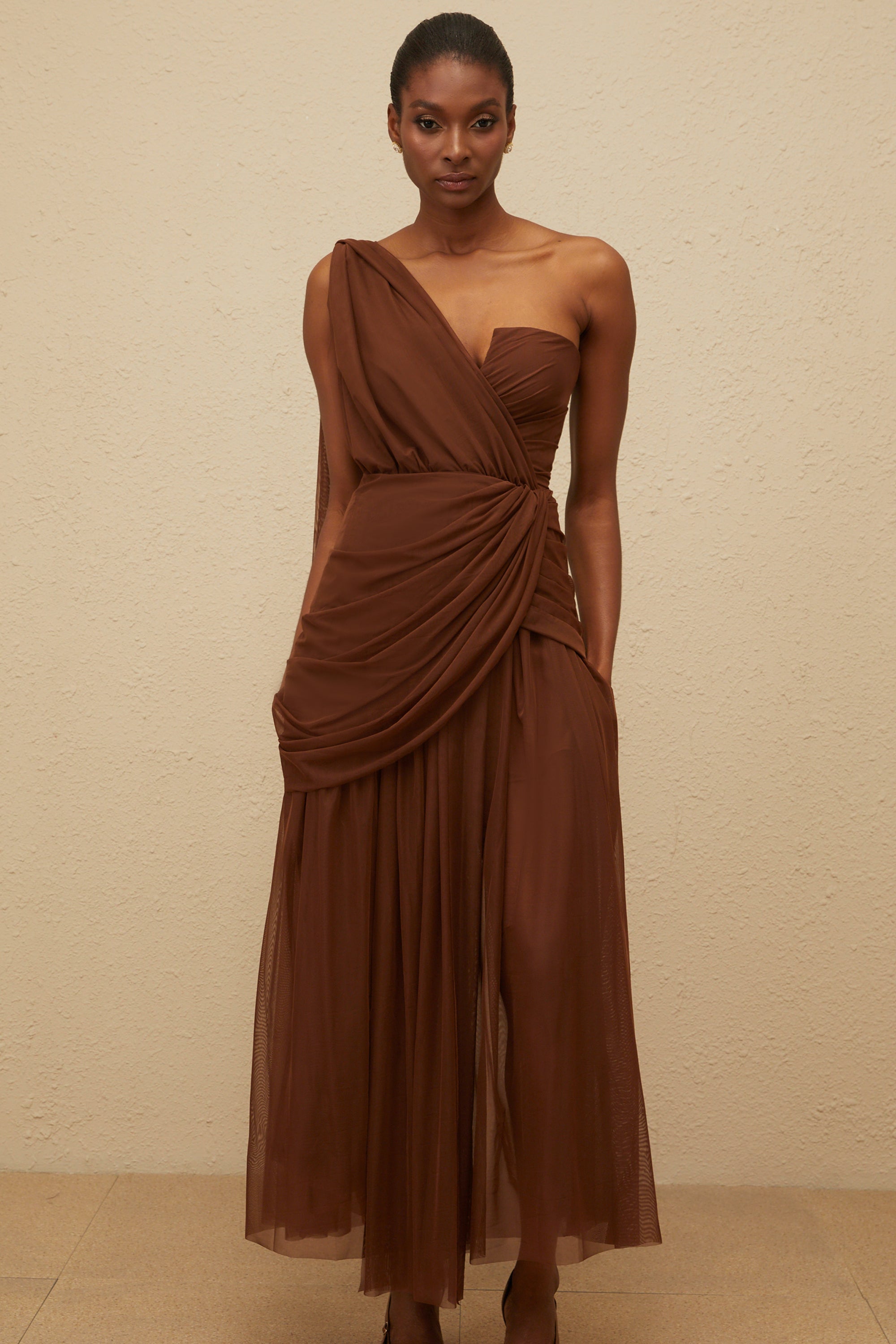 Agathe Brown Asymmetrical Evening Maxi Gown (Final Sale)