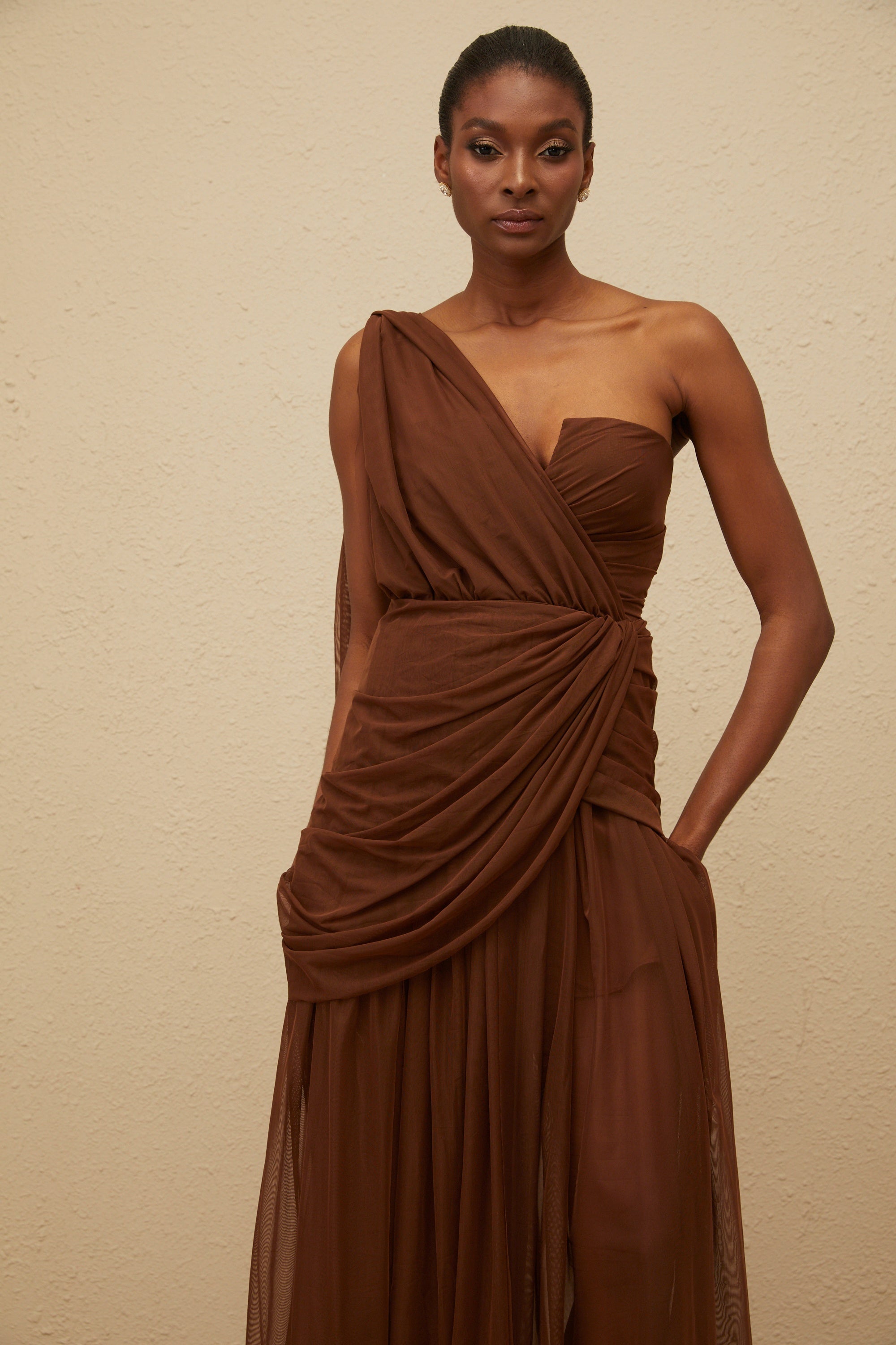 Agathe Brown Asymmetrical Evening Maxi Gown