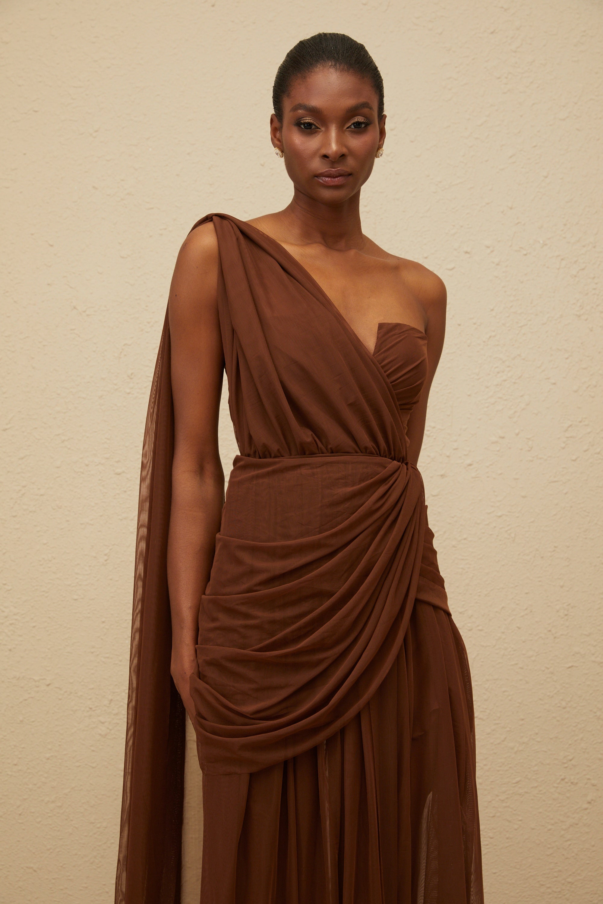Agathe Brown Asymmetrical Evening Maxi Gown