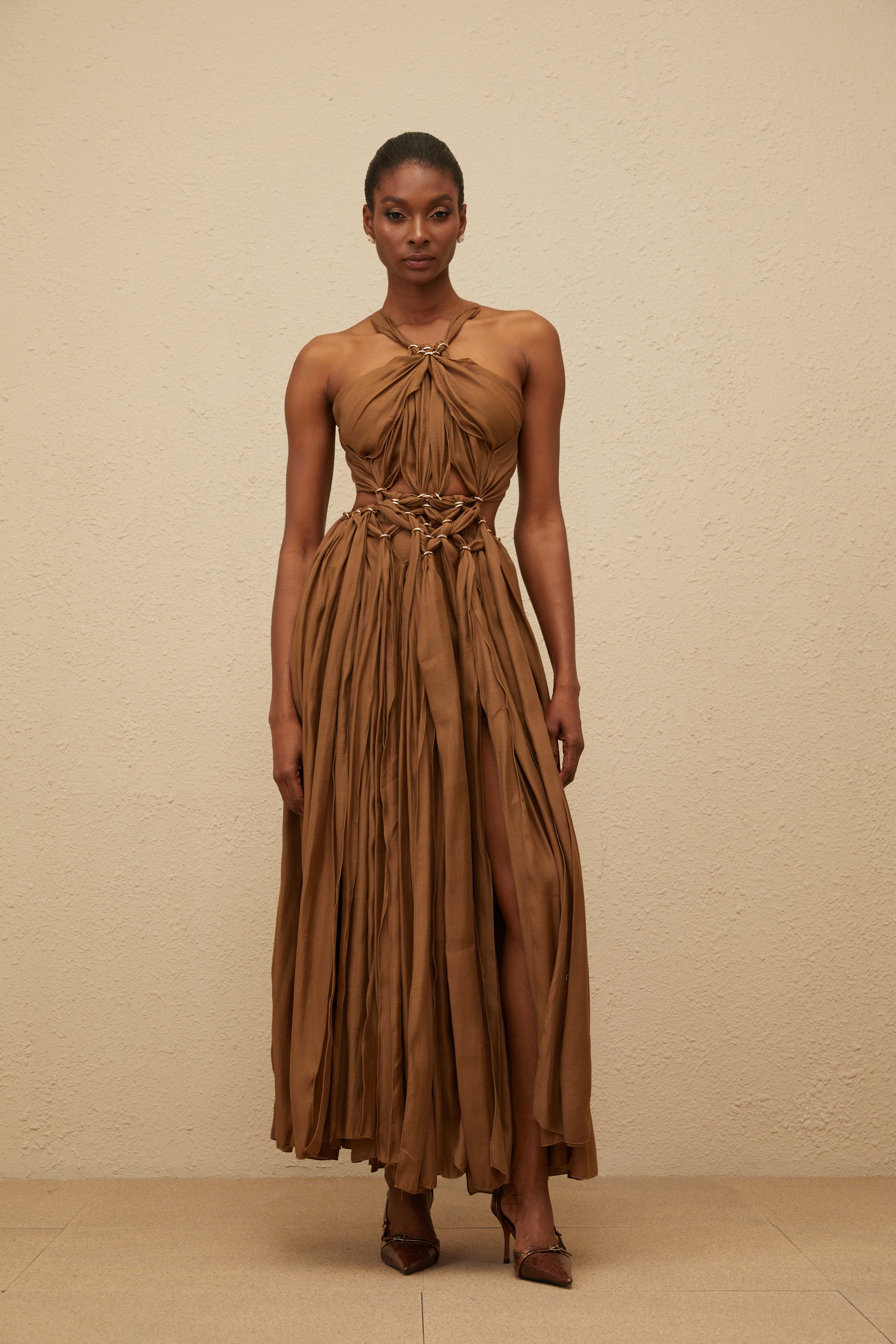 Déotille Brown Braided Cutout Shirred Midi Dress