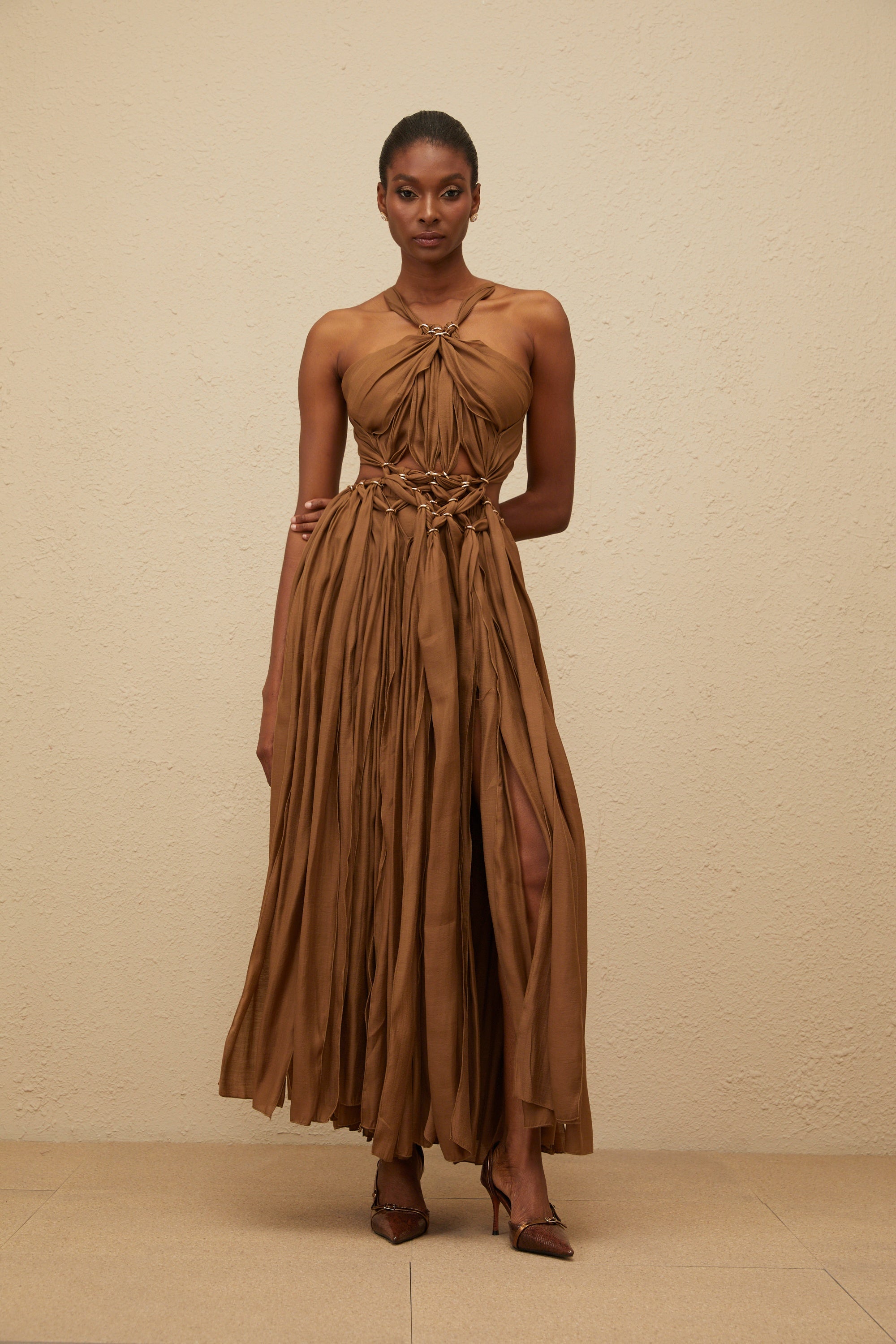 Déotille Brown Braided Cutout Shirred Midi Dress