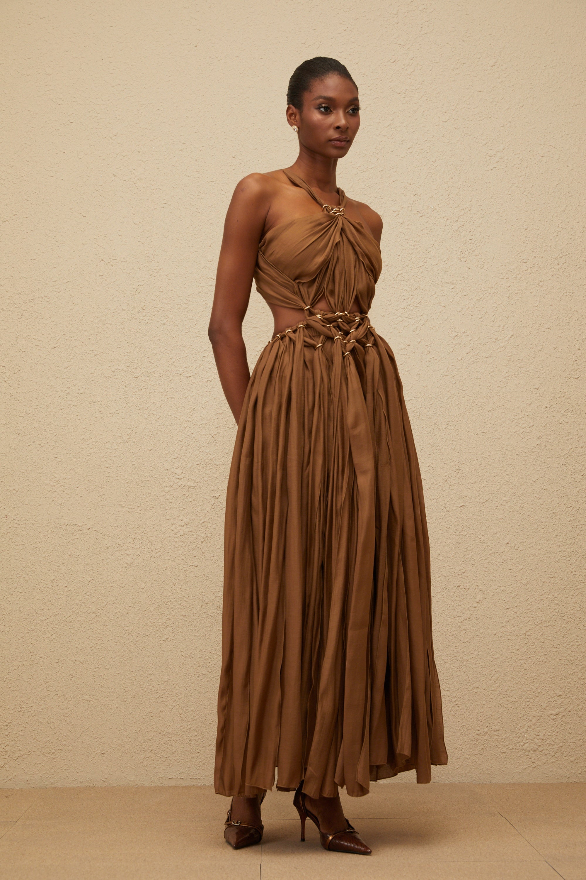 Déotille Brown Braided Cutout Shirred Midi Dress