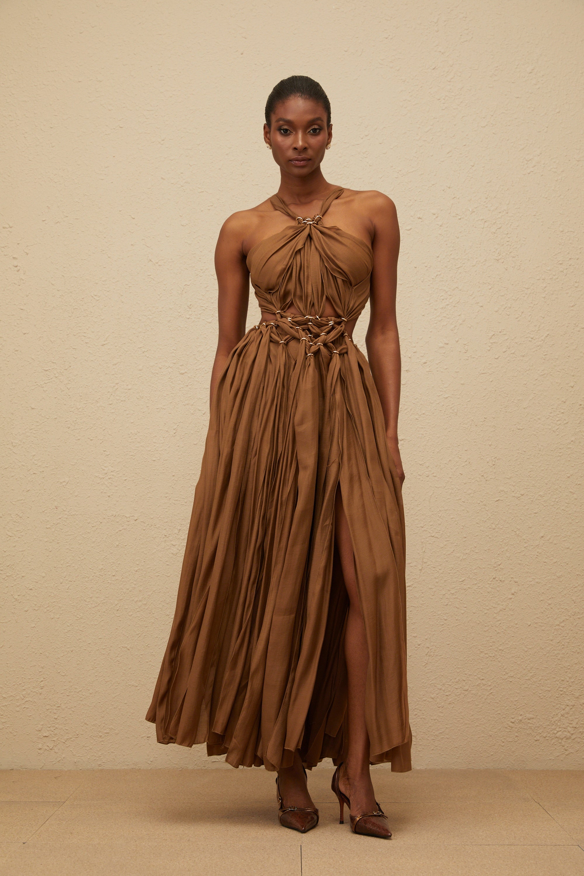 Déotille Brown Braided Cutout Shirred Midi Dress