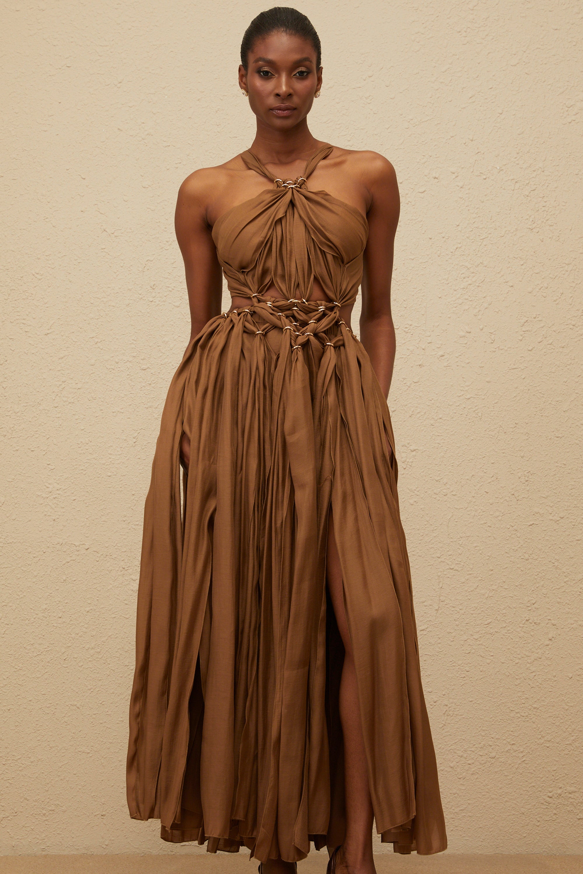 Déotille Brown Braided Cutout Shirred Midi Dress (Final Sale-US Only)