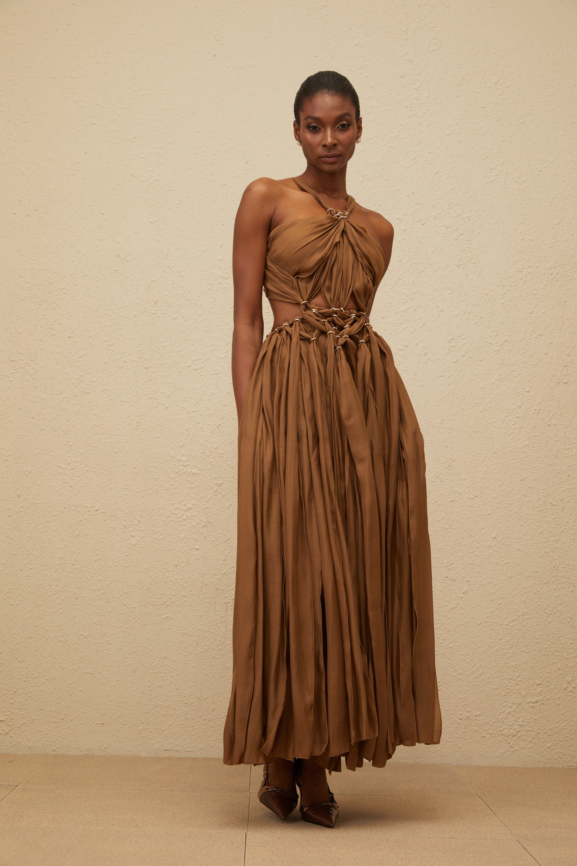 Déotille Brown Braided Cutout Shirred Midi Dress