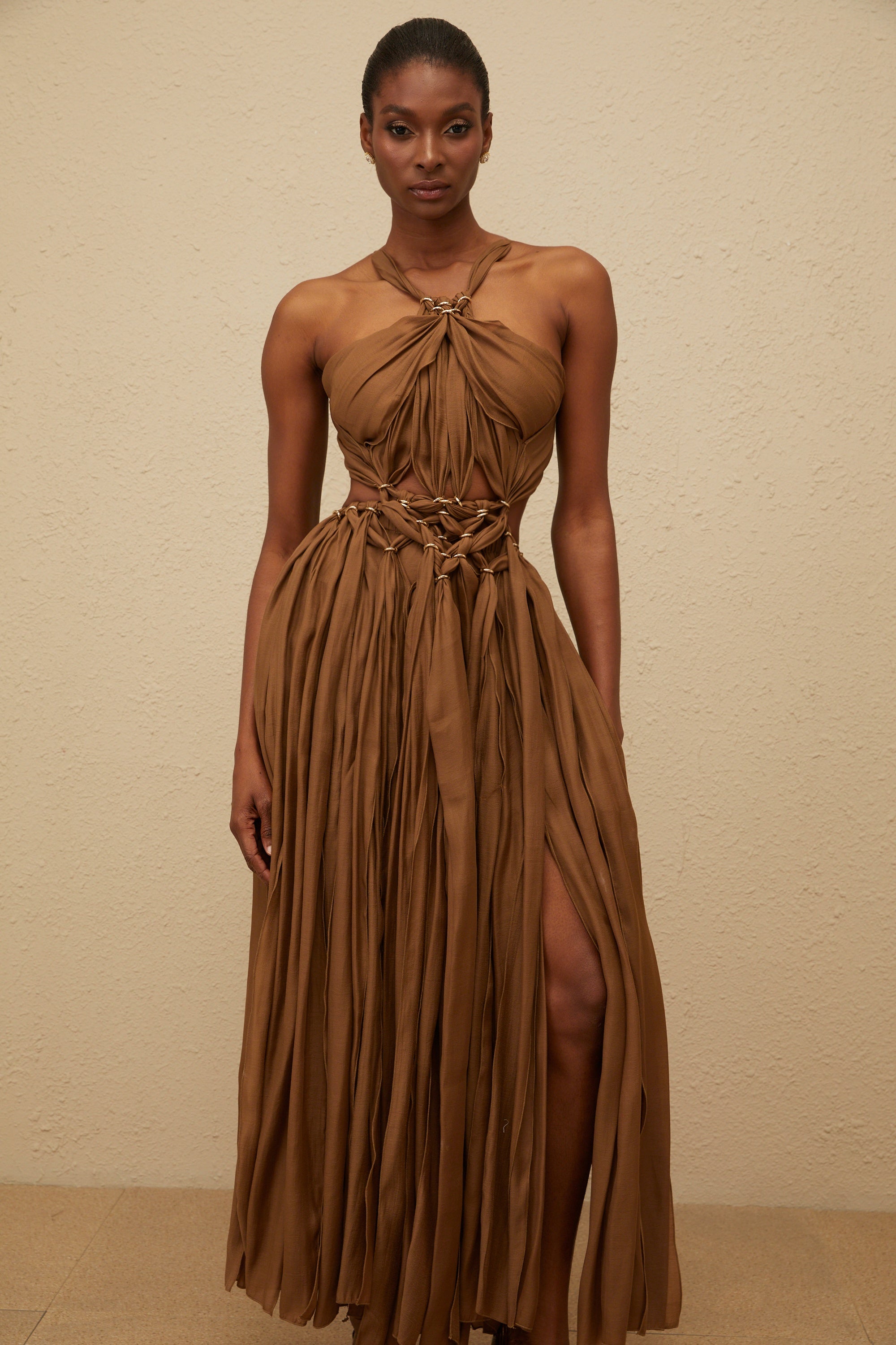 Déotille Brown Braided Cutout Shirred Midi Dress