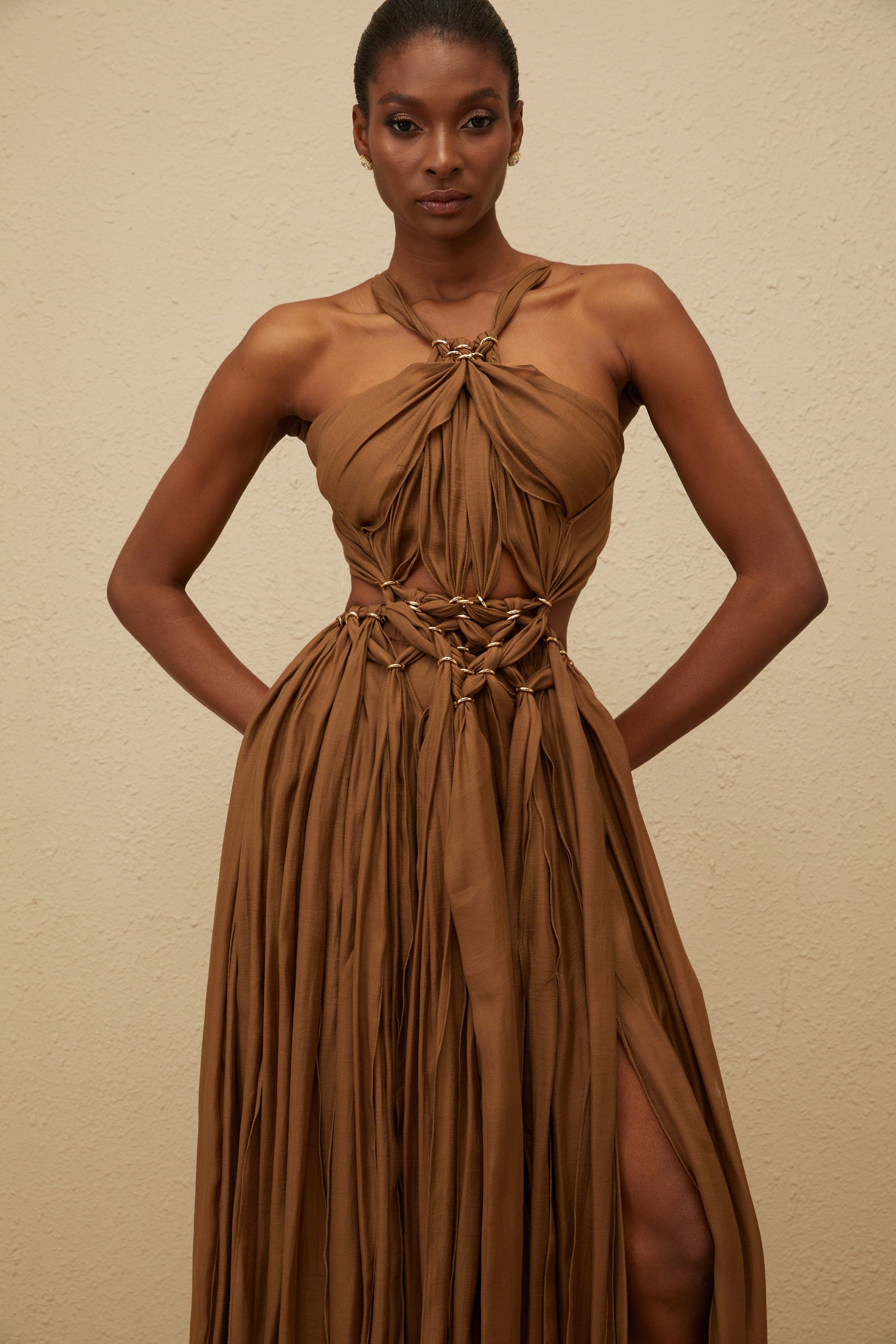 Déotille Brown Braided Cutout Shirred Midi Dress