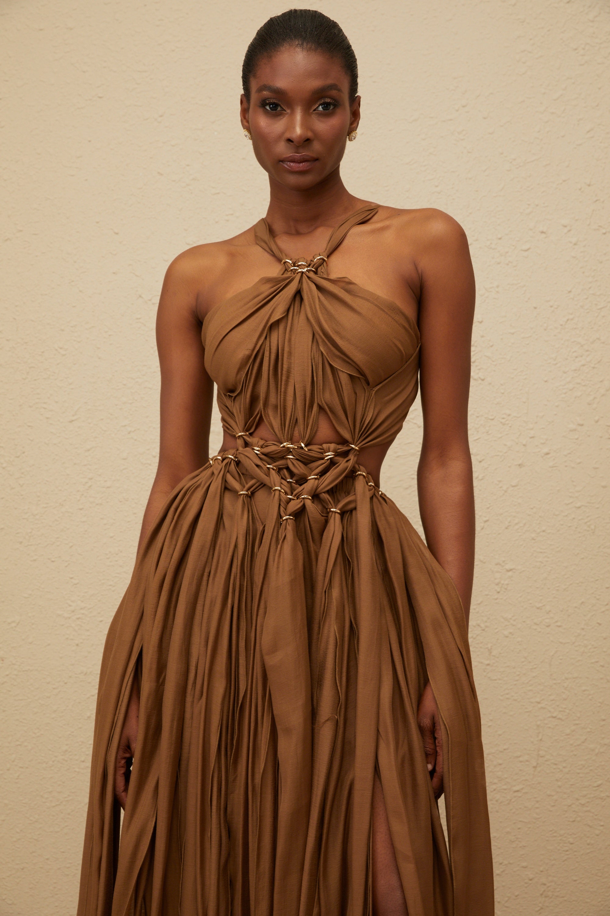 Déotille Brown Braided Cutout Shirred Midi Dress