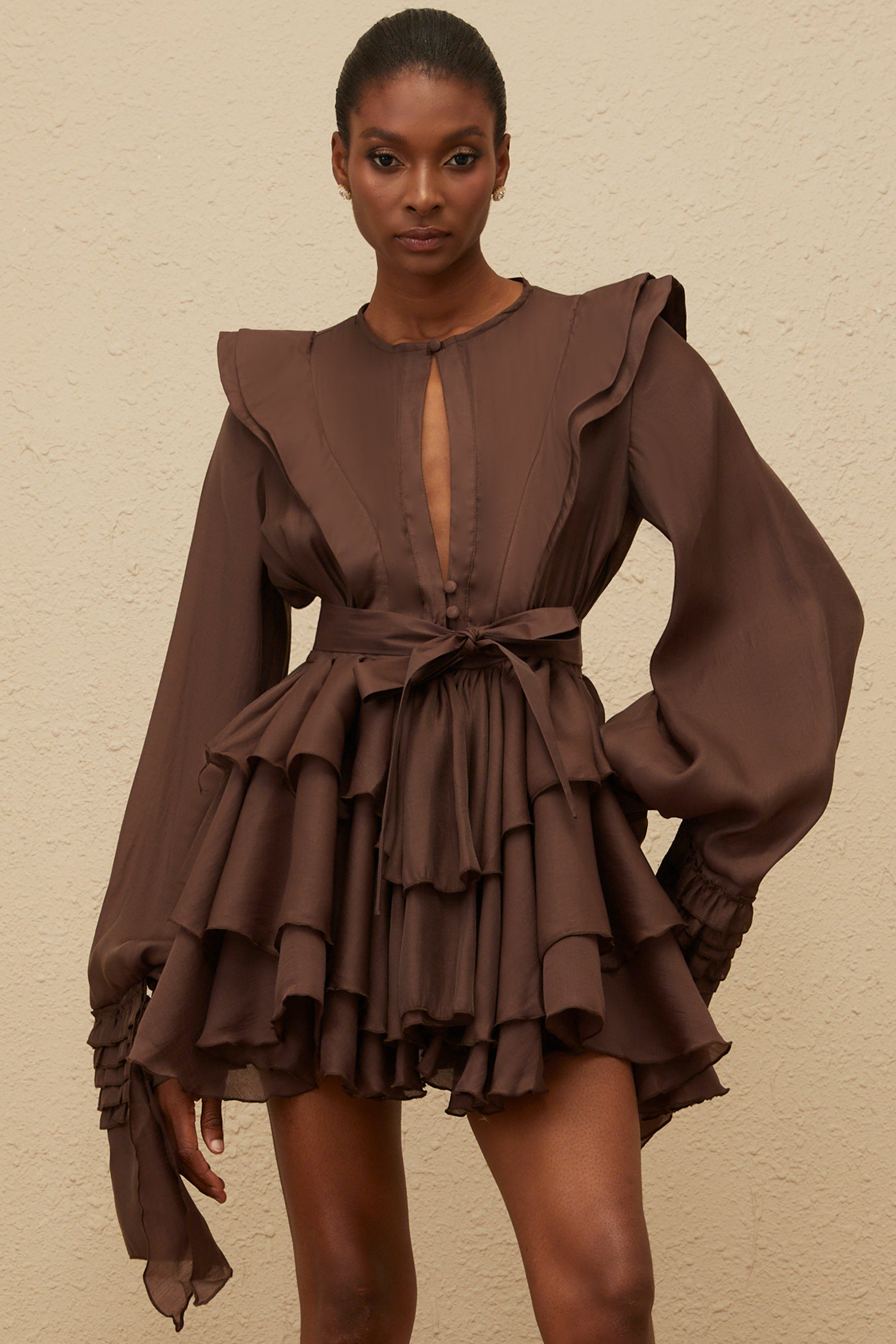 Annabelle Brown Cutout Ruffled Mini Dress (Final Sale-US Only)