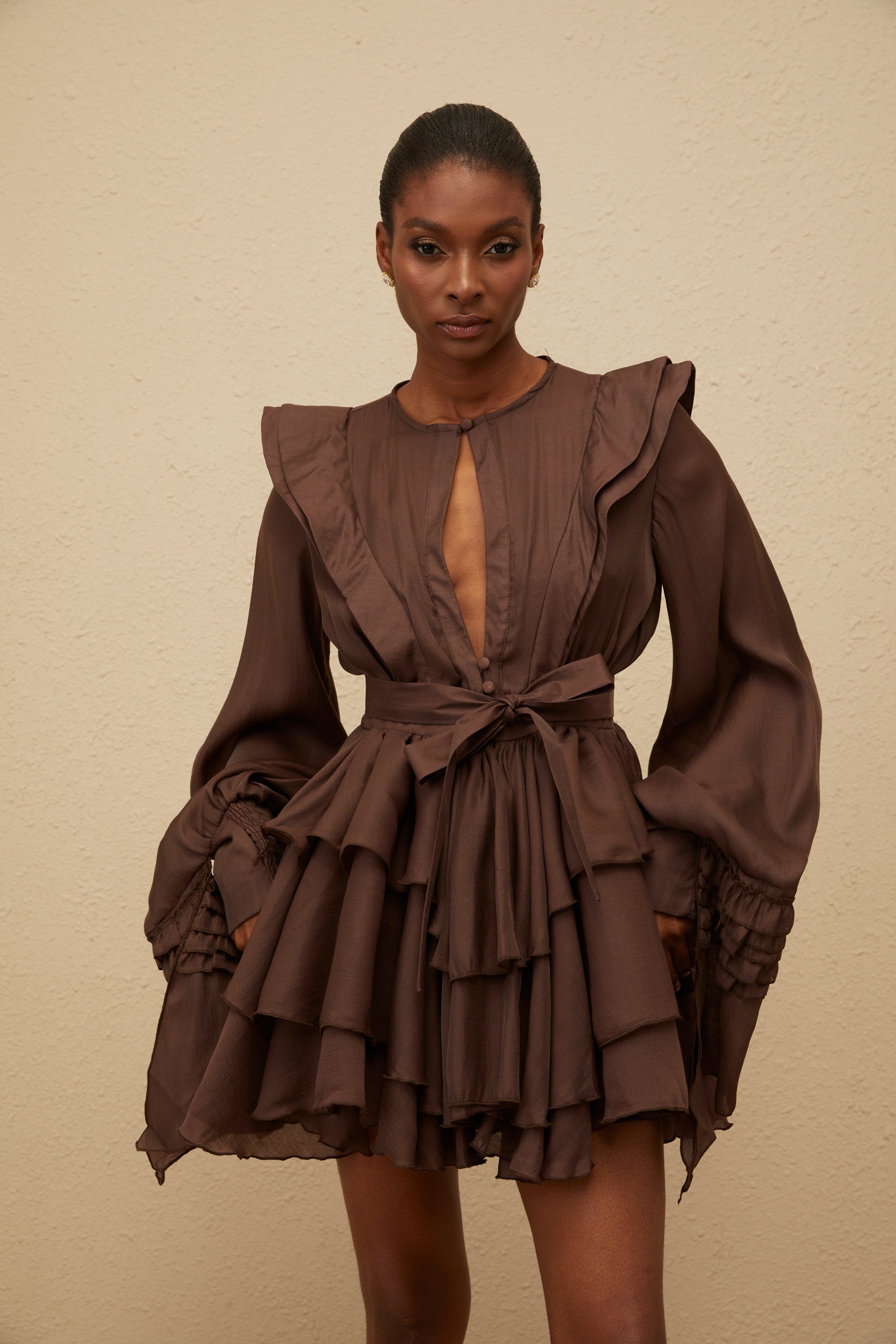 Annabelle Brown Cutout Ruffled Mini Dress