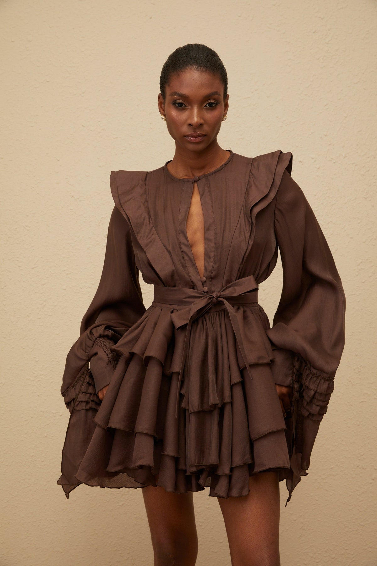 Annabelle Brown Cutout Ruffled Mini Dress