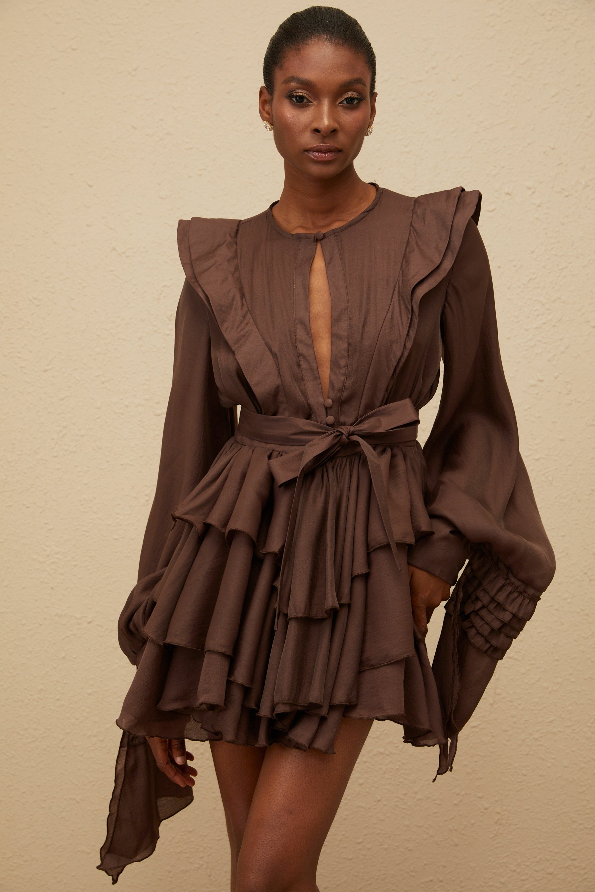 Annabelle Brown Cutout Ruffled Mini Dress