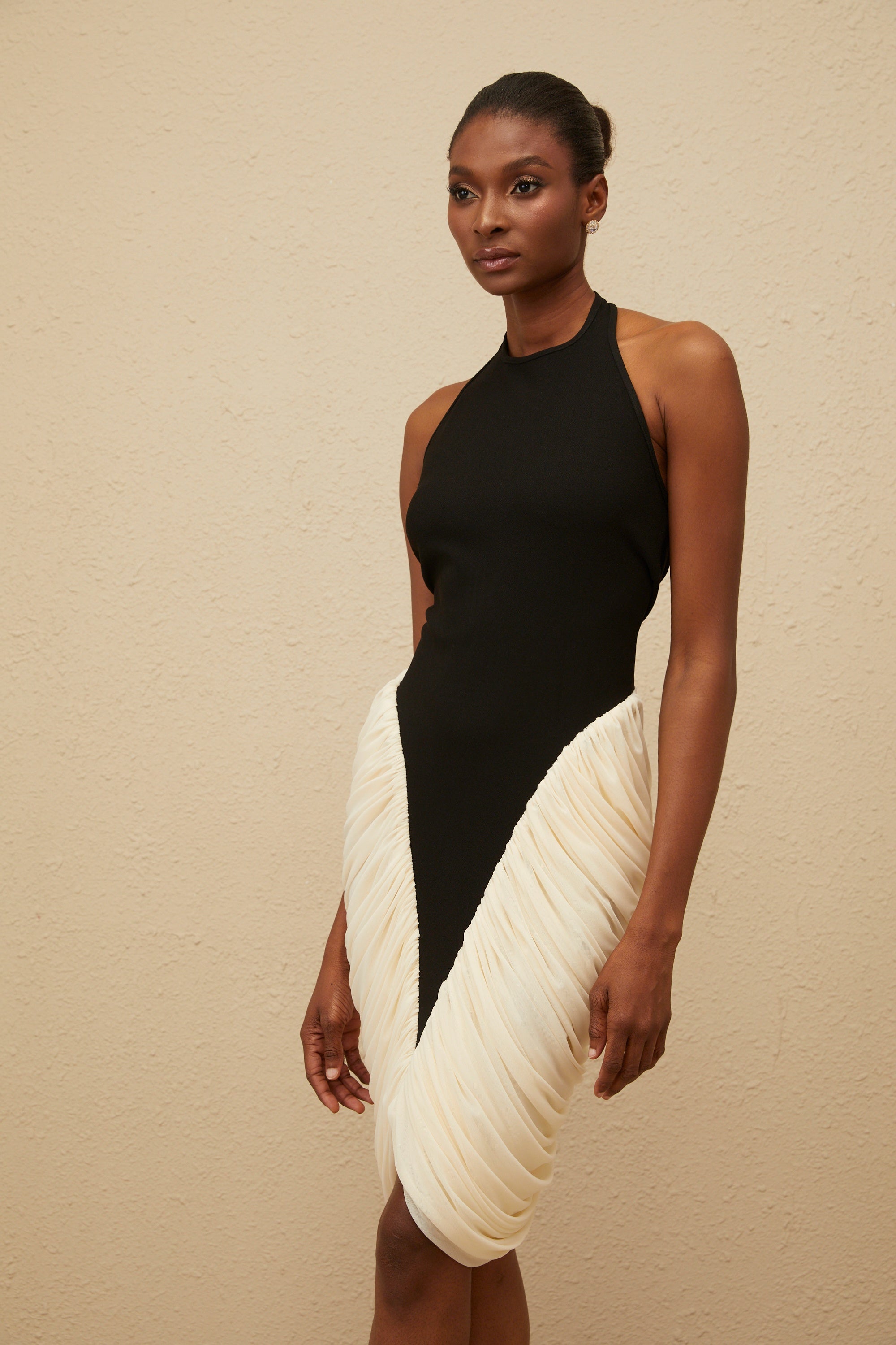 Jade Black Ruched Halterneck Midi Bodycon Dress