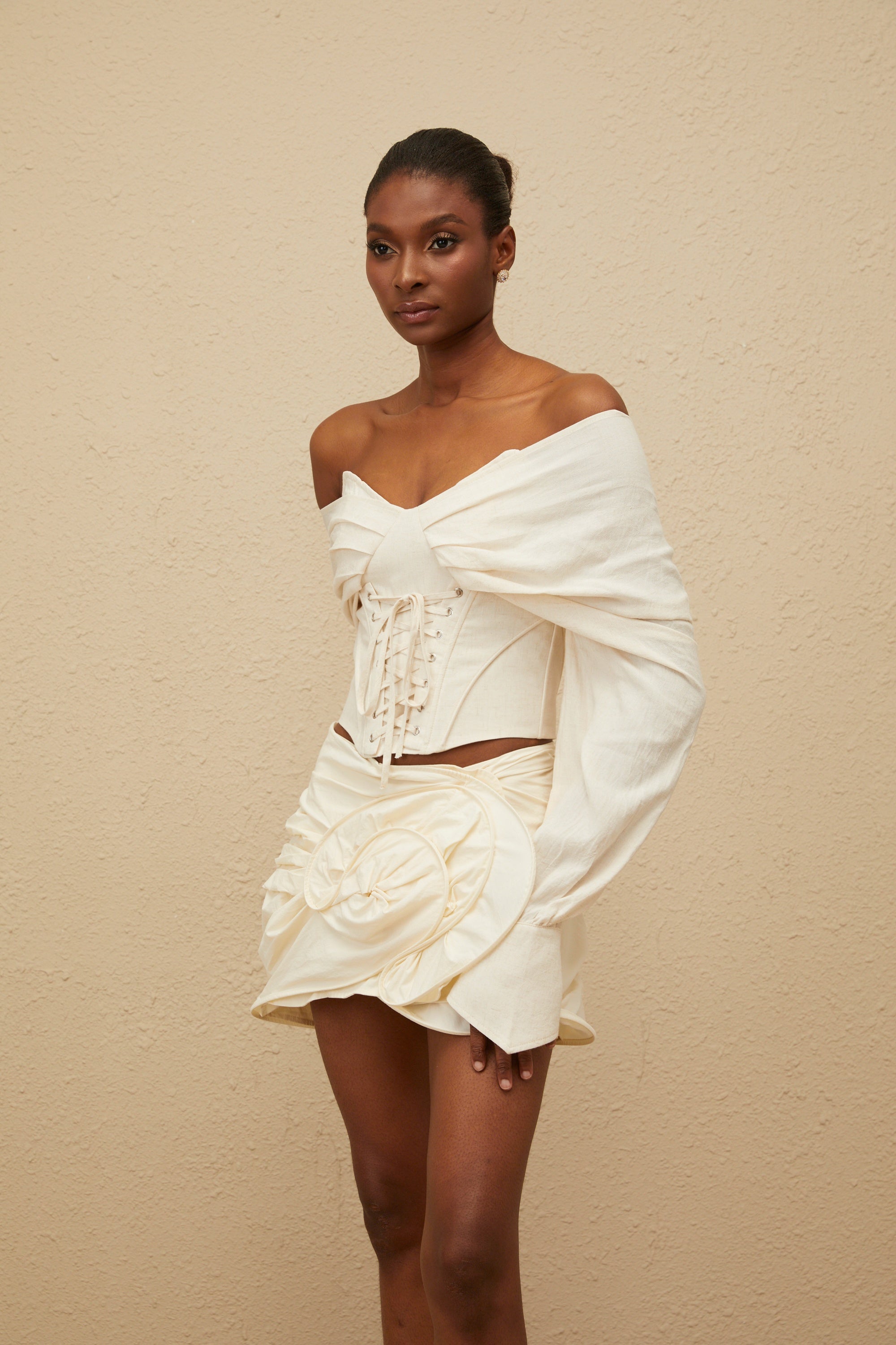 Lotte Neutral Ruched Mini Skirt with Floral Appliqué (Final Sale-US Only)