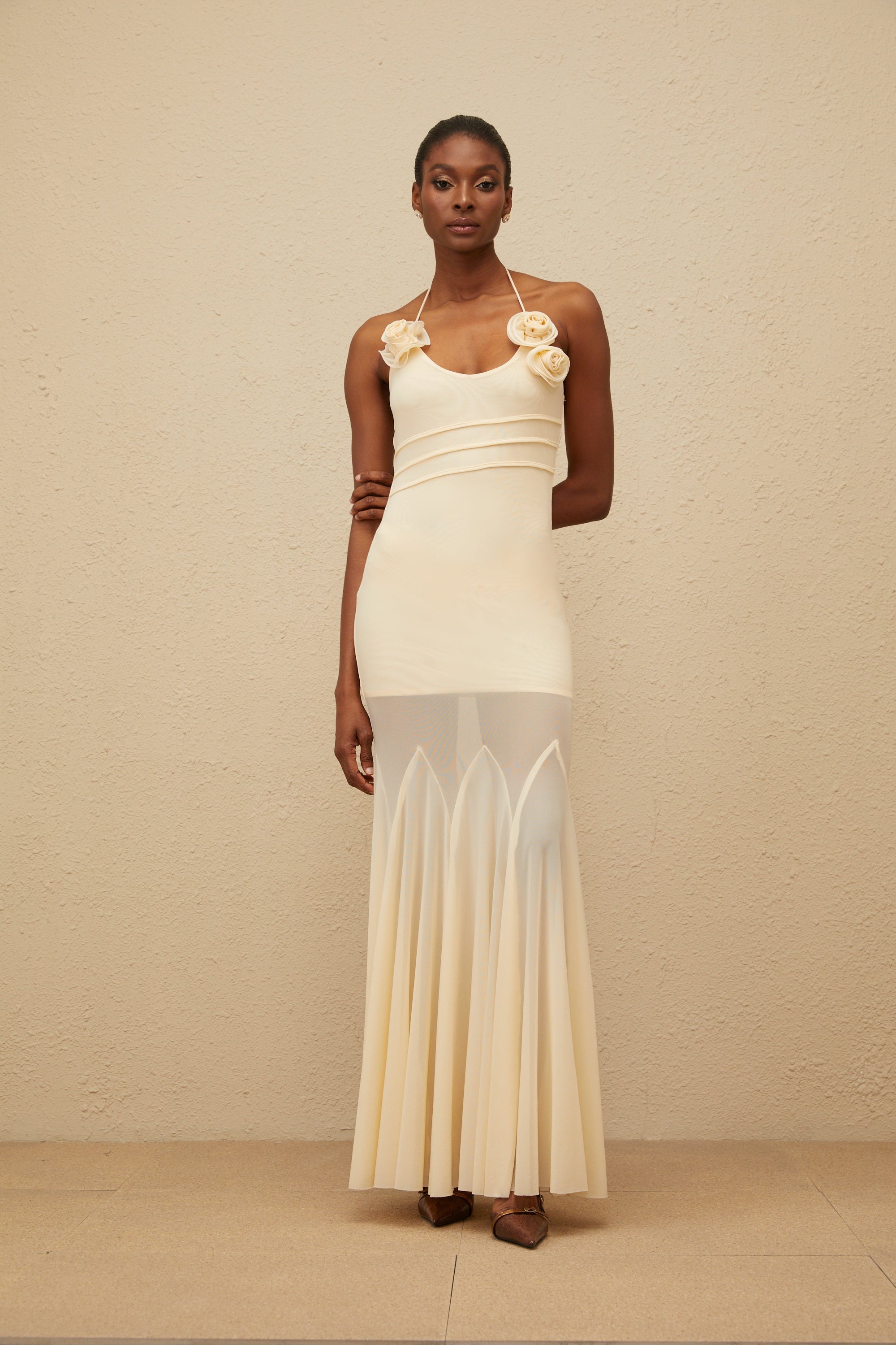 Vague Neutral 3D Petal Mesh Maxi Dress
