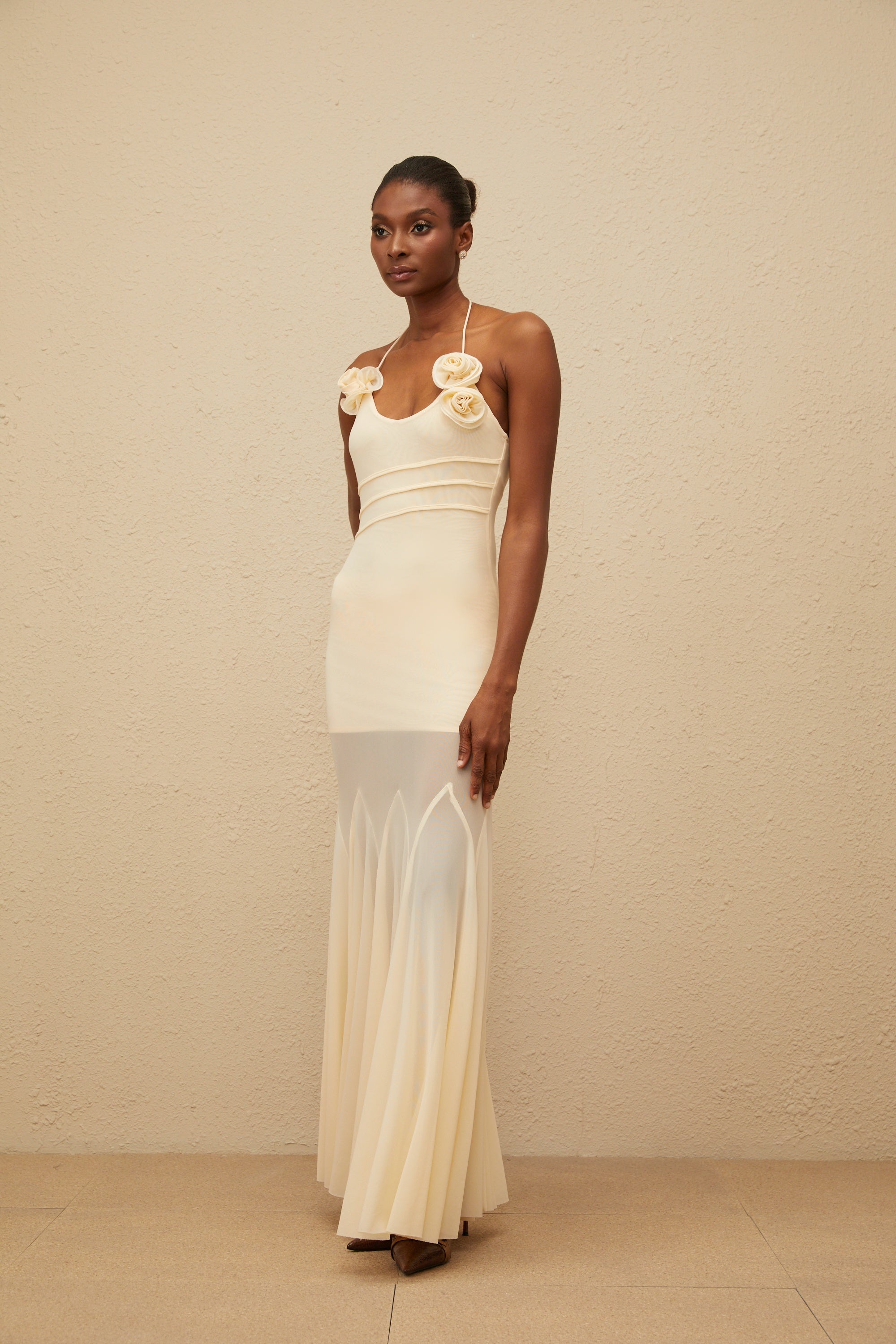 Vague Neutral 3D Petal Mesh Maxi Dress