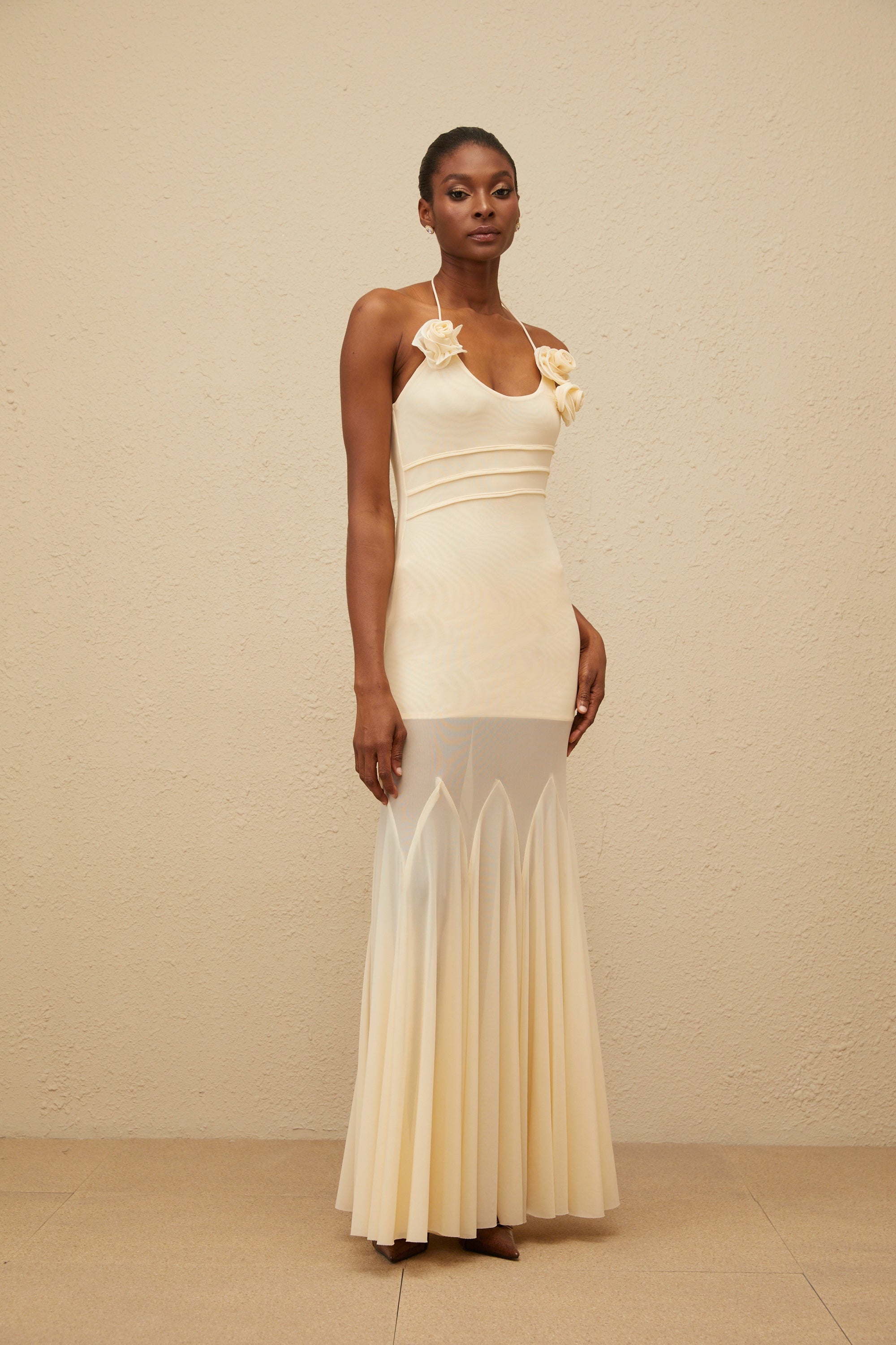 Vague Neutral 3D Petal Mesh Maxi Dress