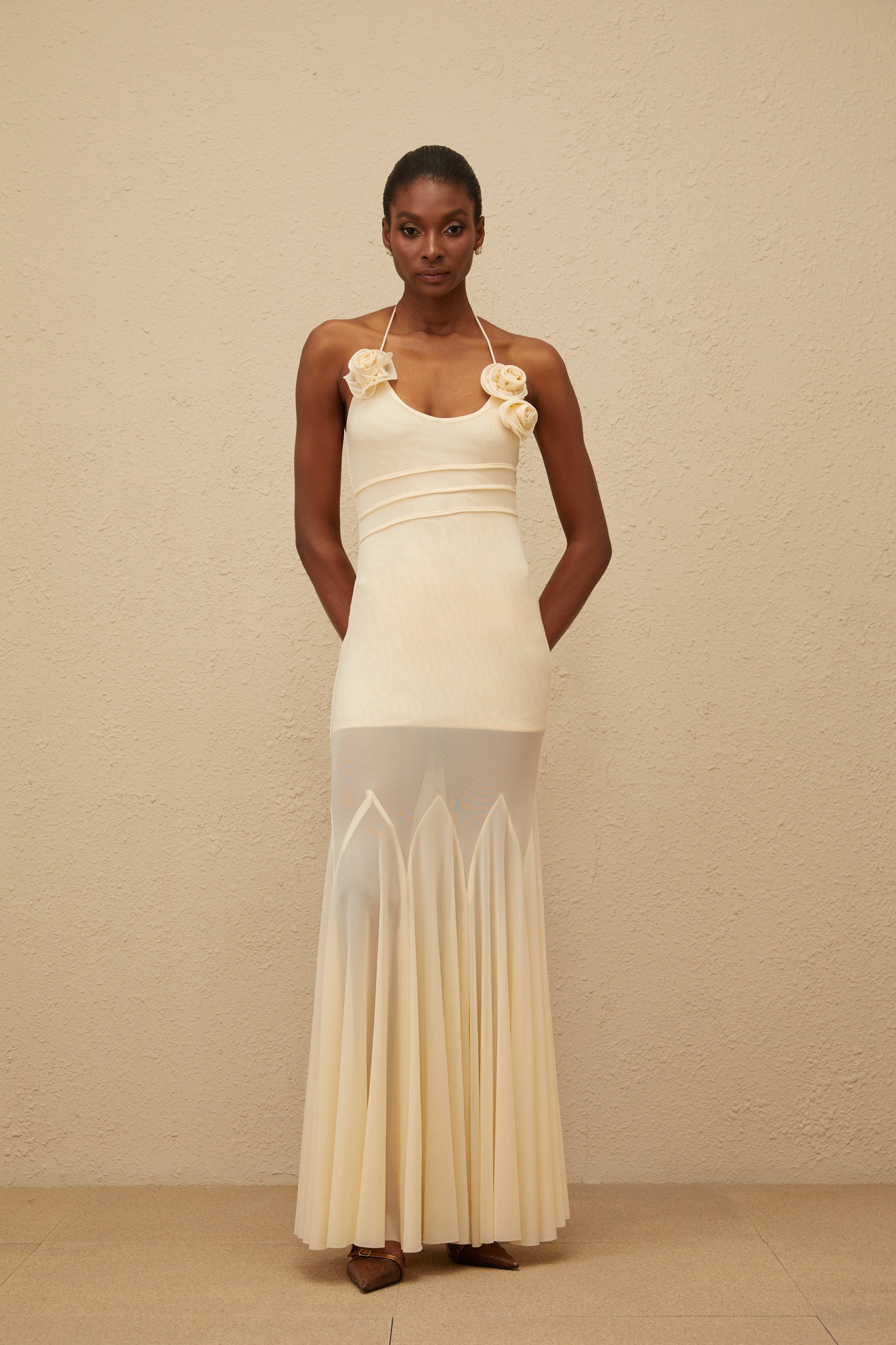 Vague Neutral 3D Petal Mesh Maxi Dress