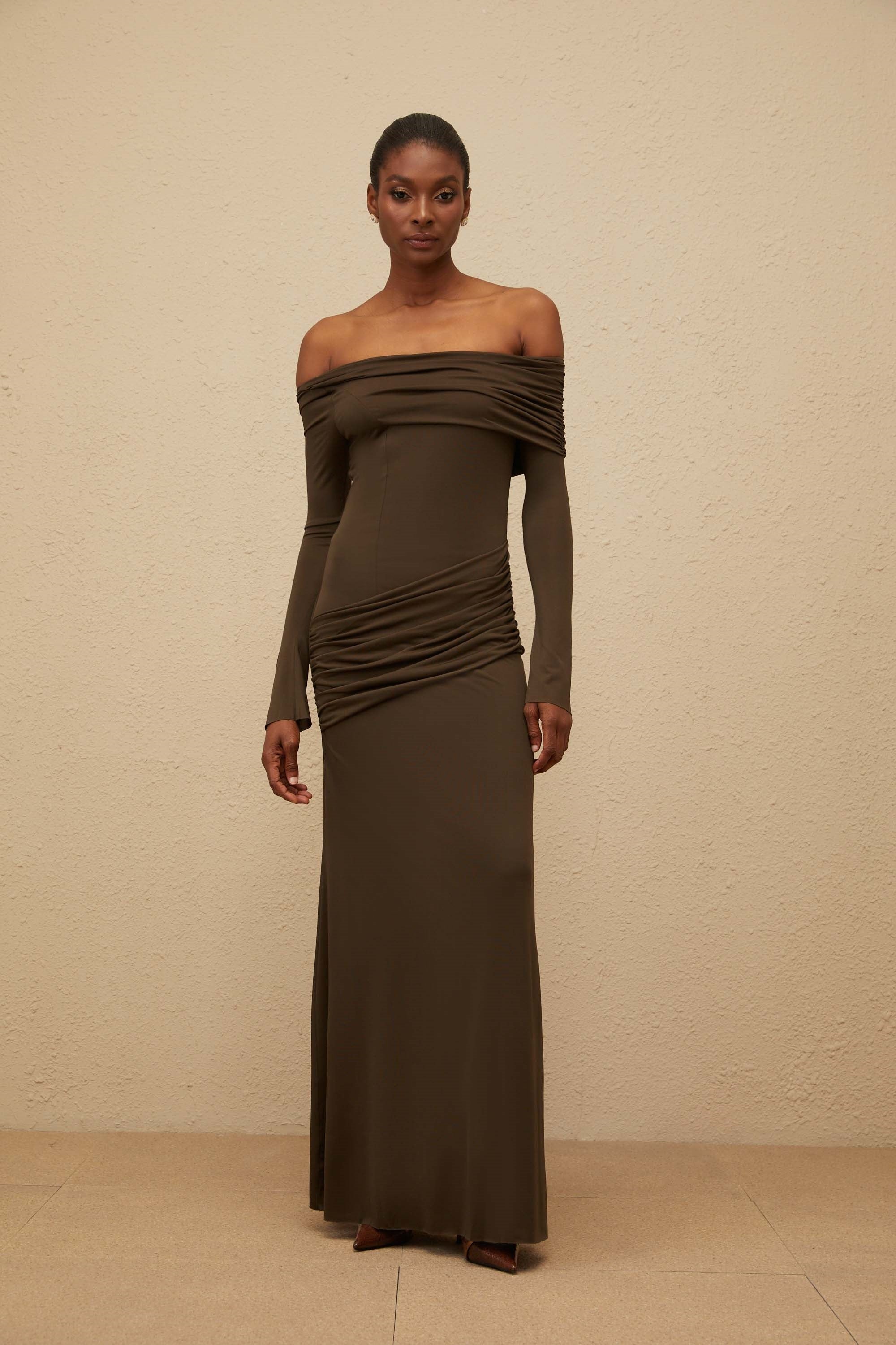 Sensuelle Green One-Shoulder Ruched Maxi Dress
