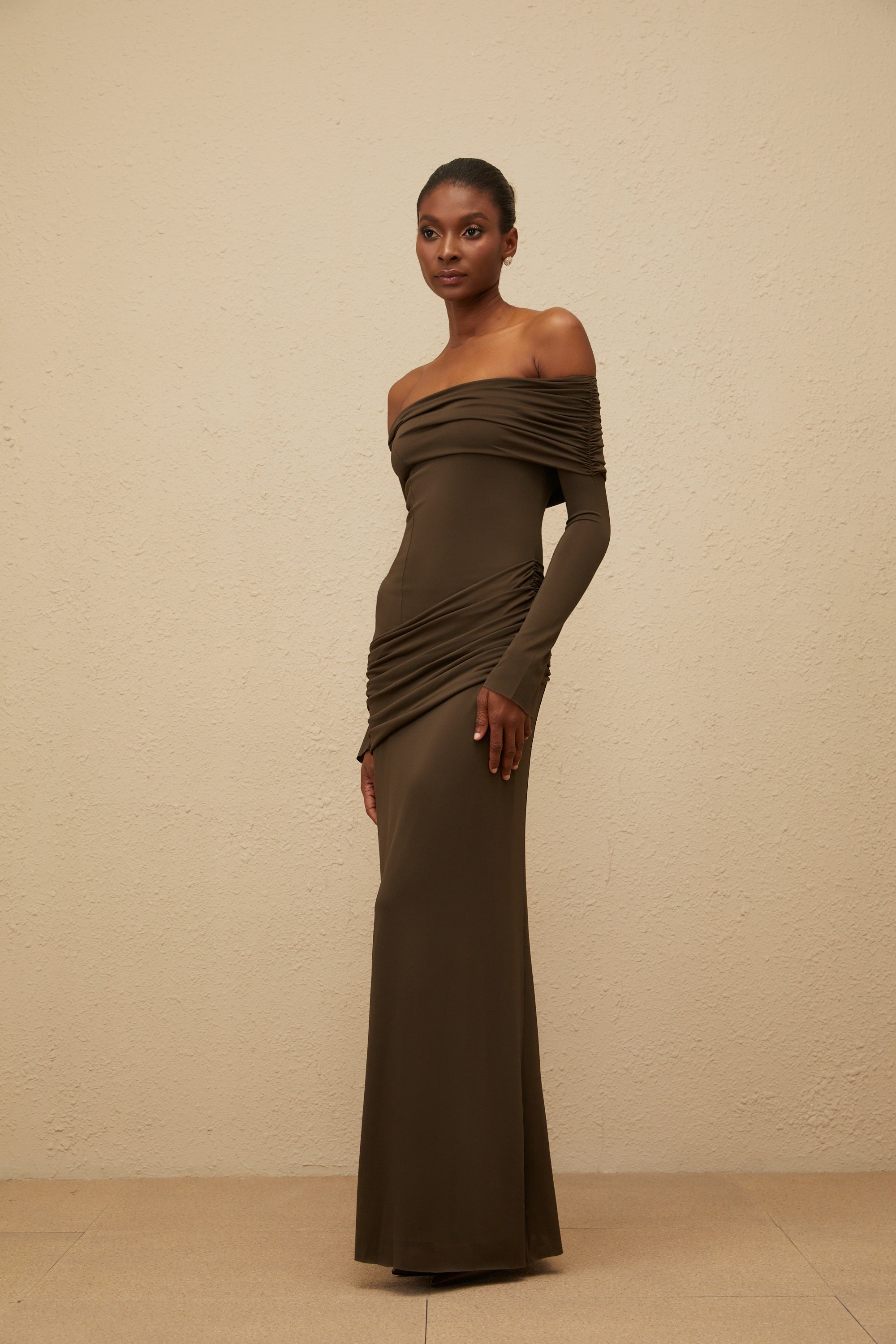 Sensuelle Green One-Shoulder Ruched Maxi Dress