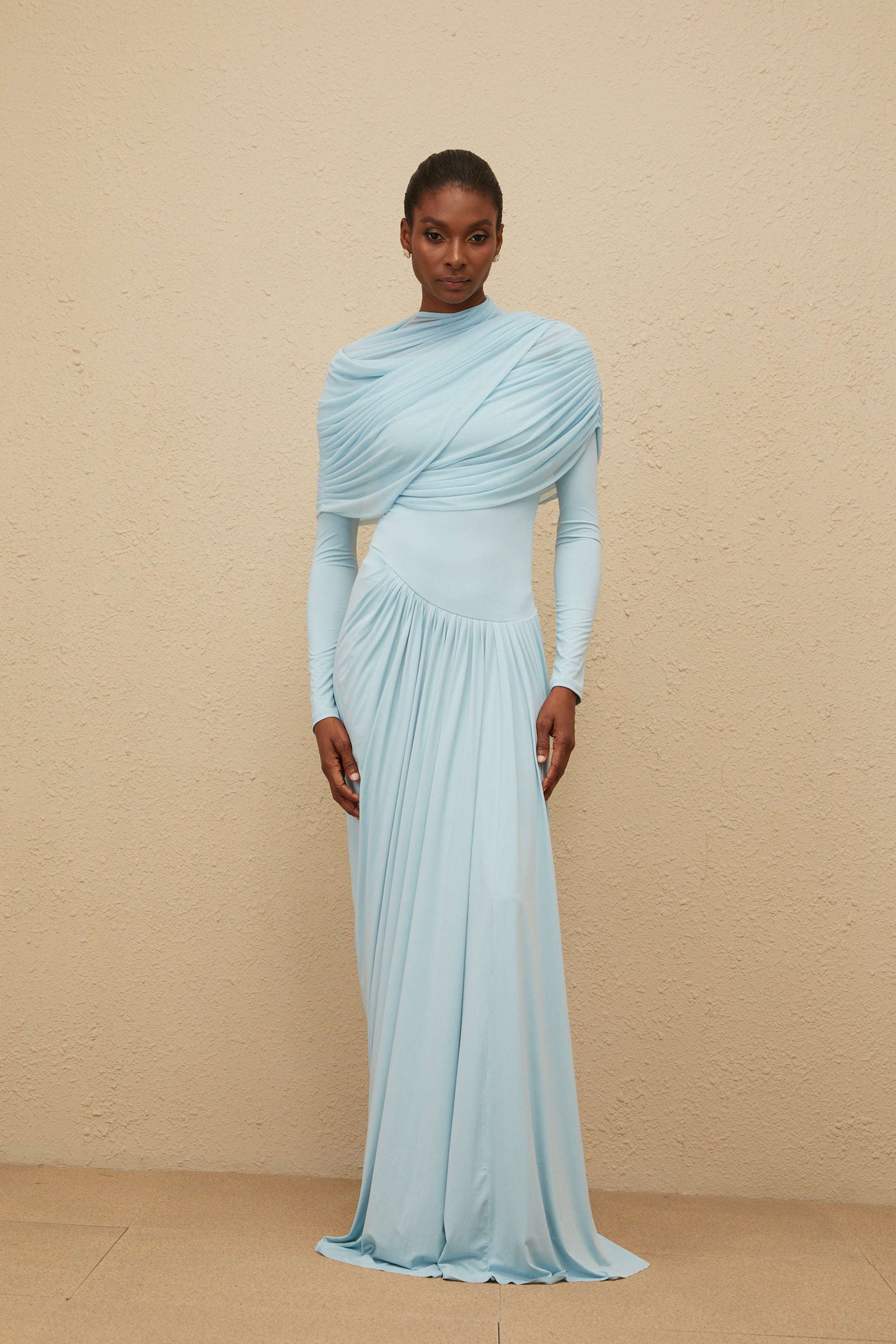 Catherine Baby-Blue Asymmetrical Pleated Long-Sleeve Maxi Dress