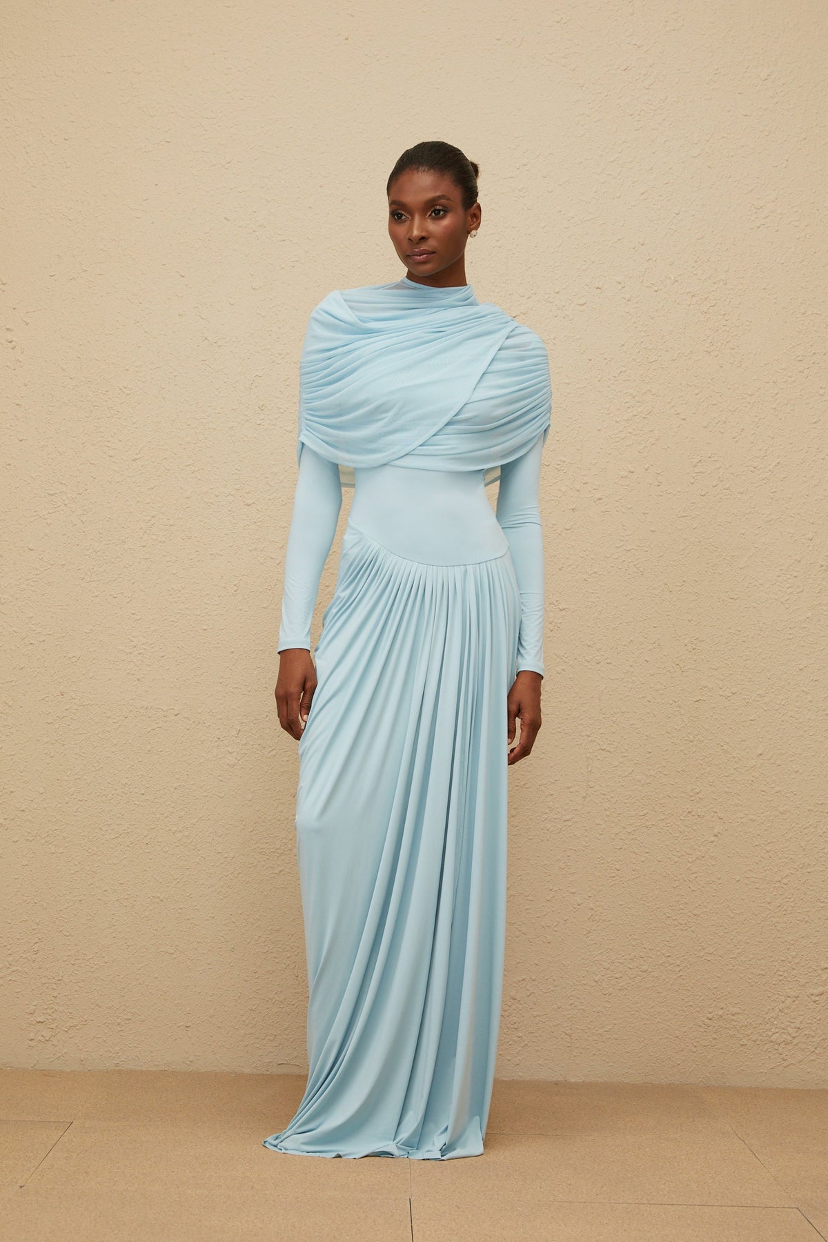 Catherine Baby-Blue Asymmetrical Pleated Long-Sleeve Maxi Dress