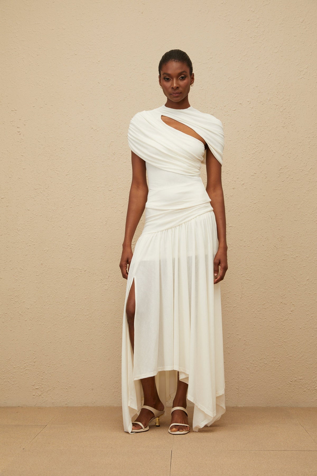 Velours White Asymmetrical Top & Skirt Set