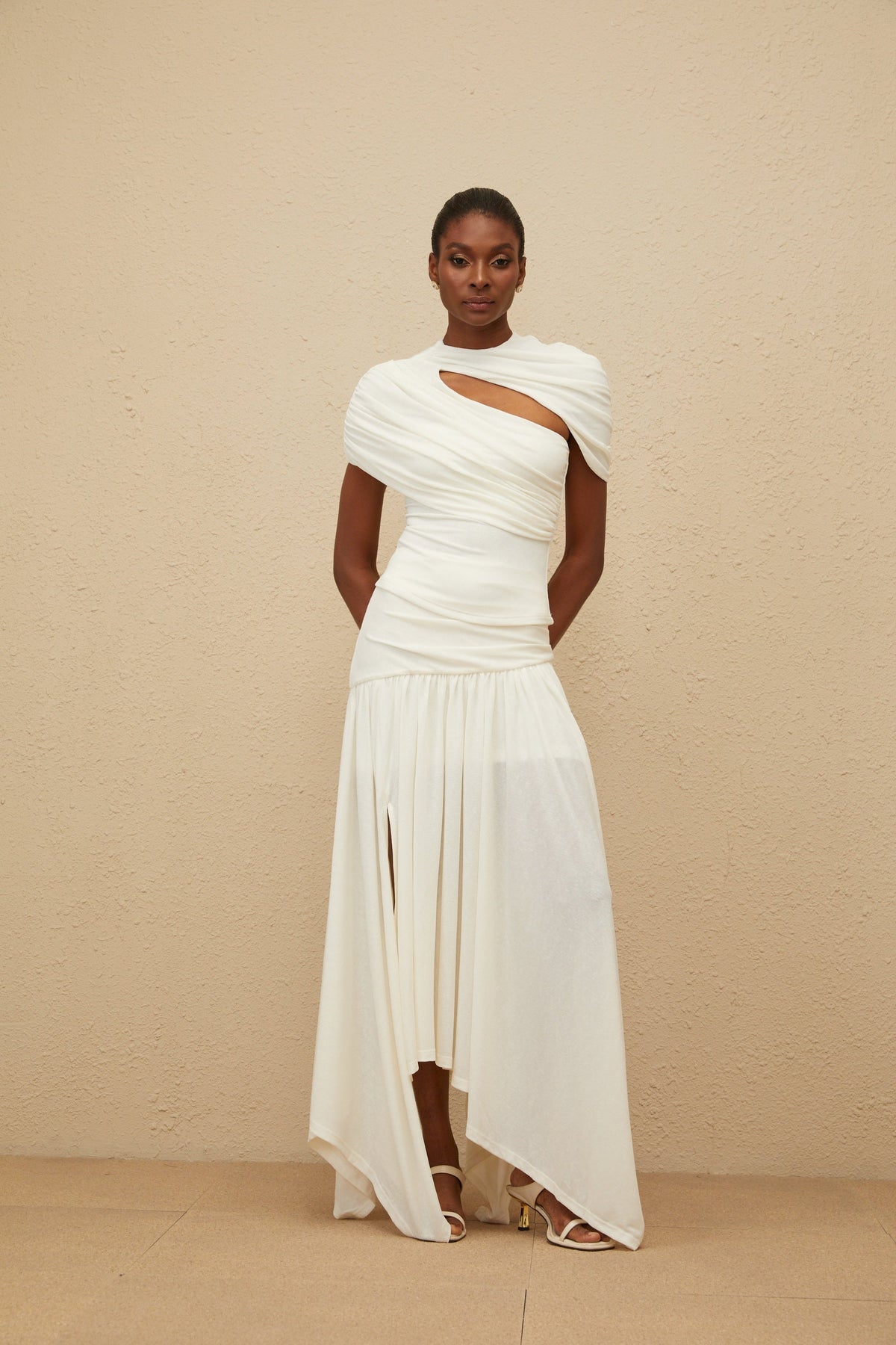 Velours White Asymmetrical Top & Skirt Set