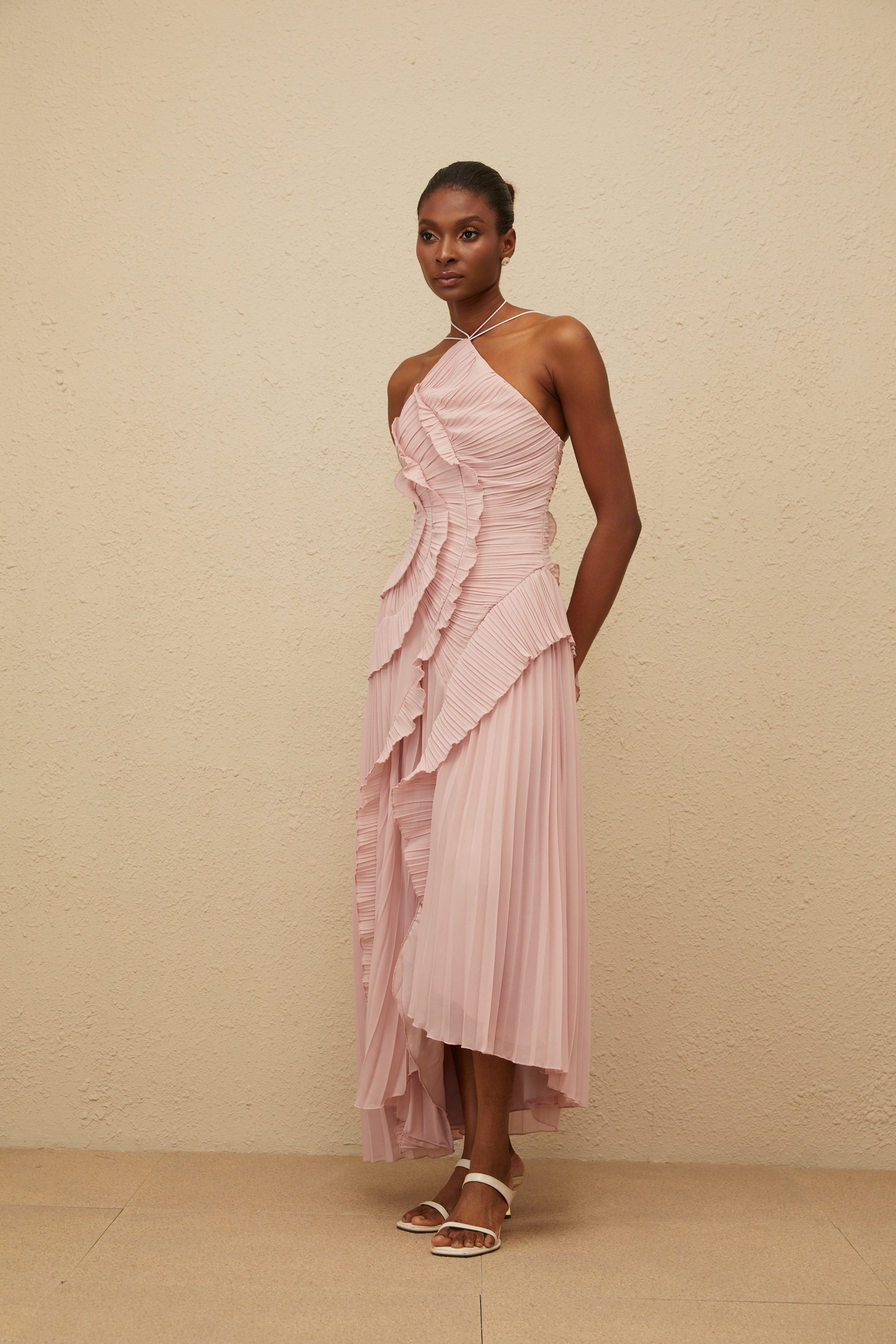 Doux Pink Ruffled Trim Pleated Midi Dress (Final Sale-US Only)