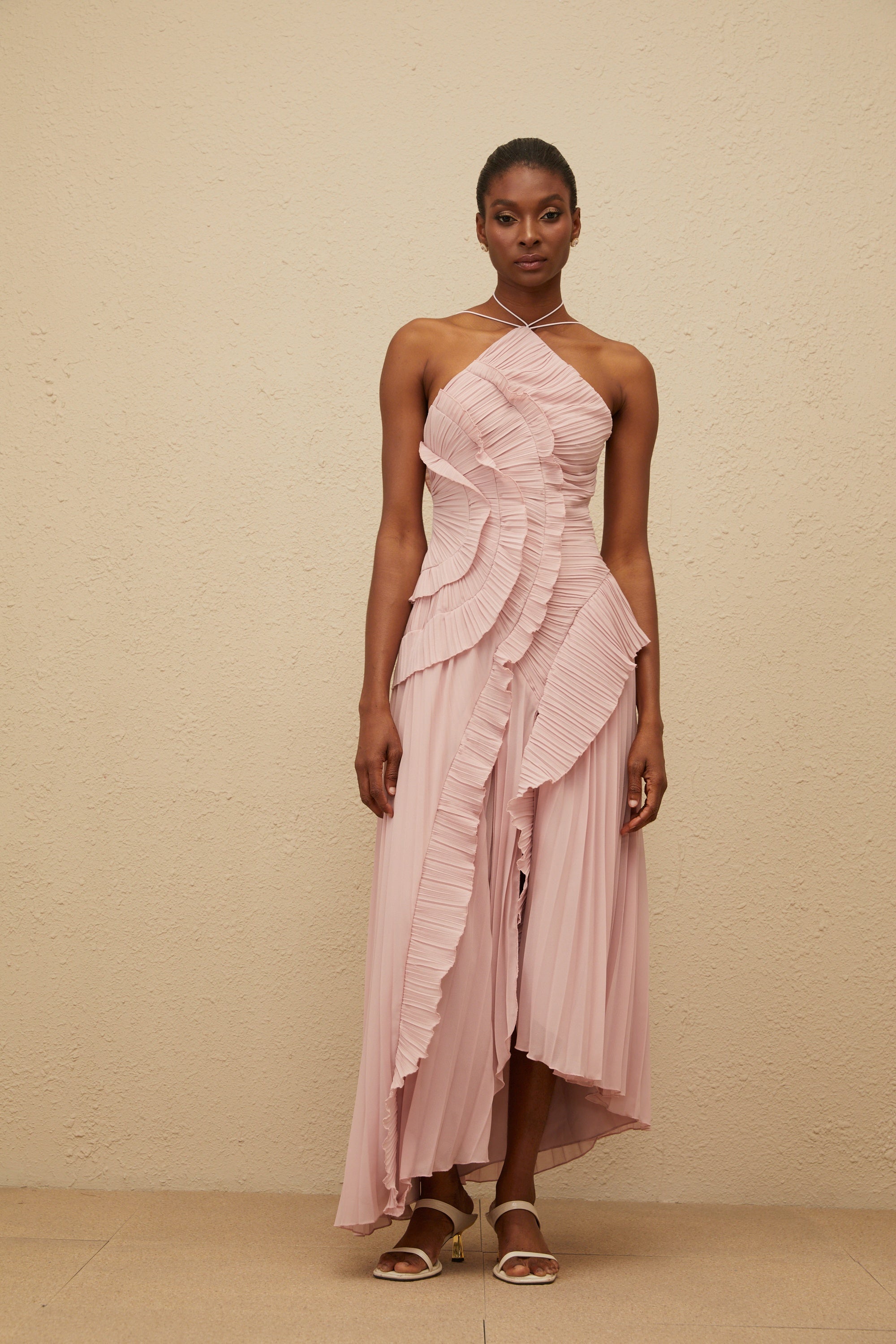 Doux Pink Ruffled Trim Pleated Midi Dress (Final Sale-US Only)