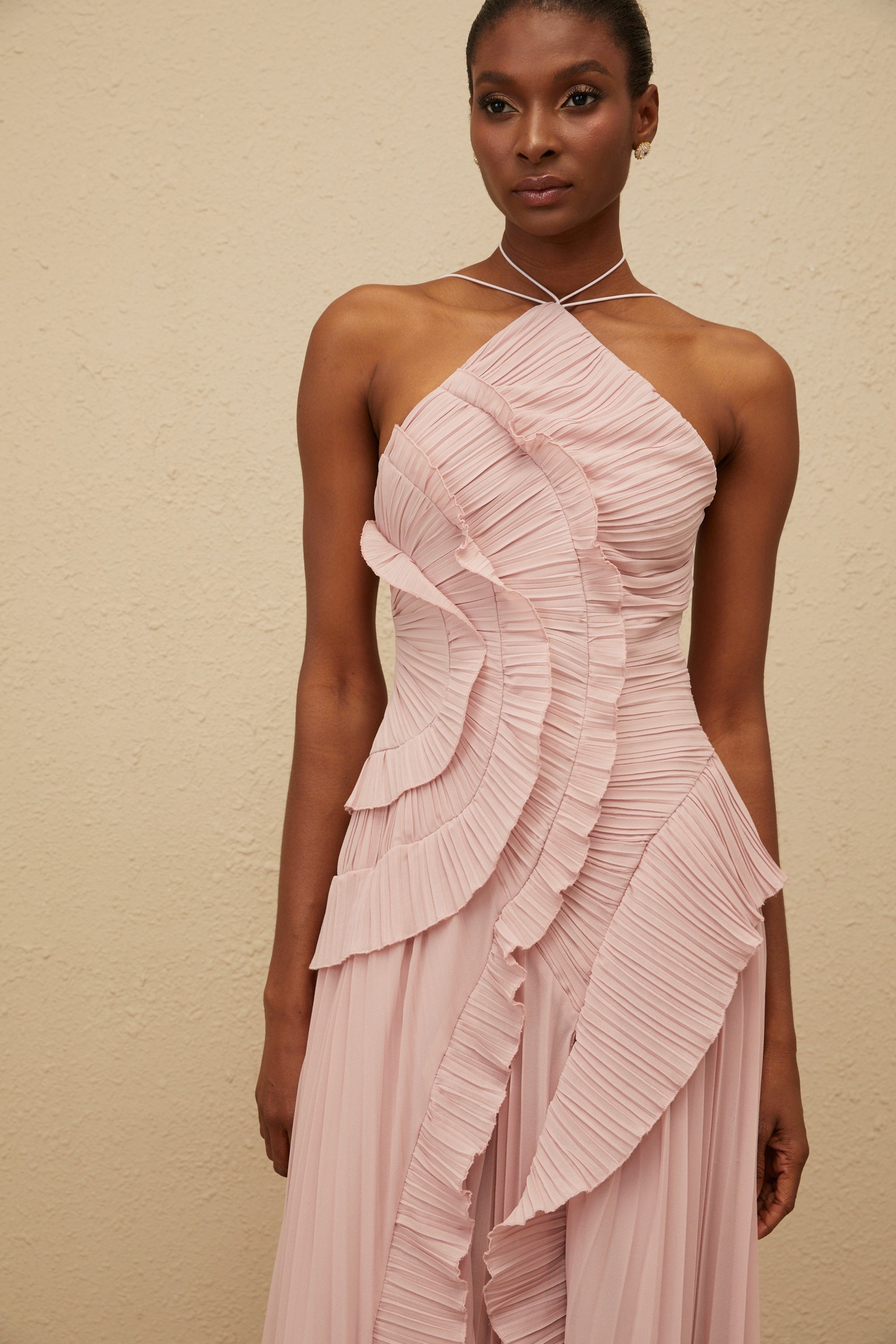 Doux Pink Ruffled Trim Pleated Midi Dress (Final Sale-US Only)