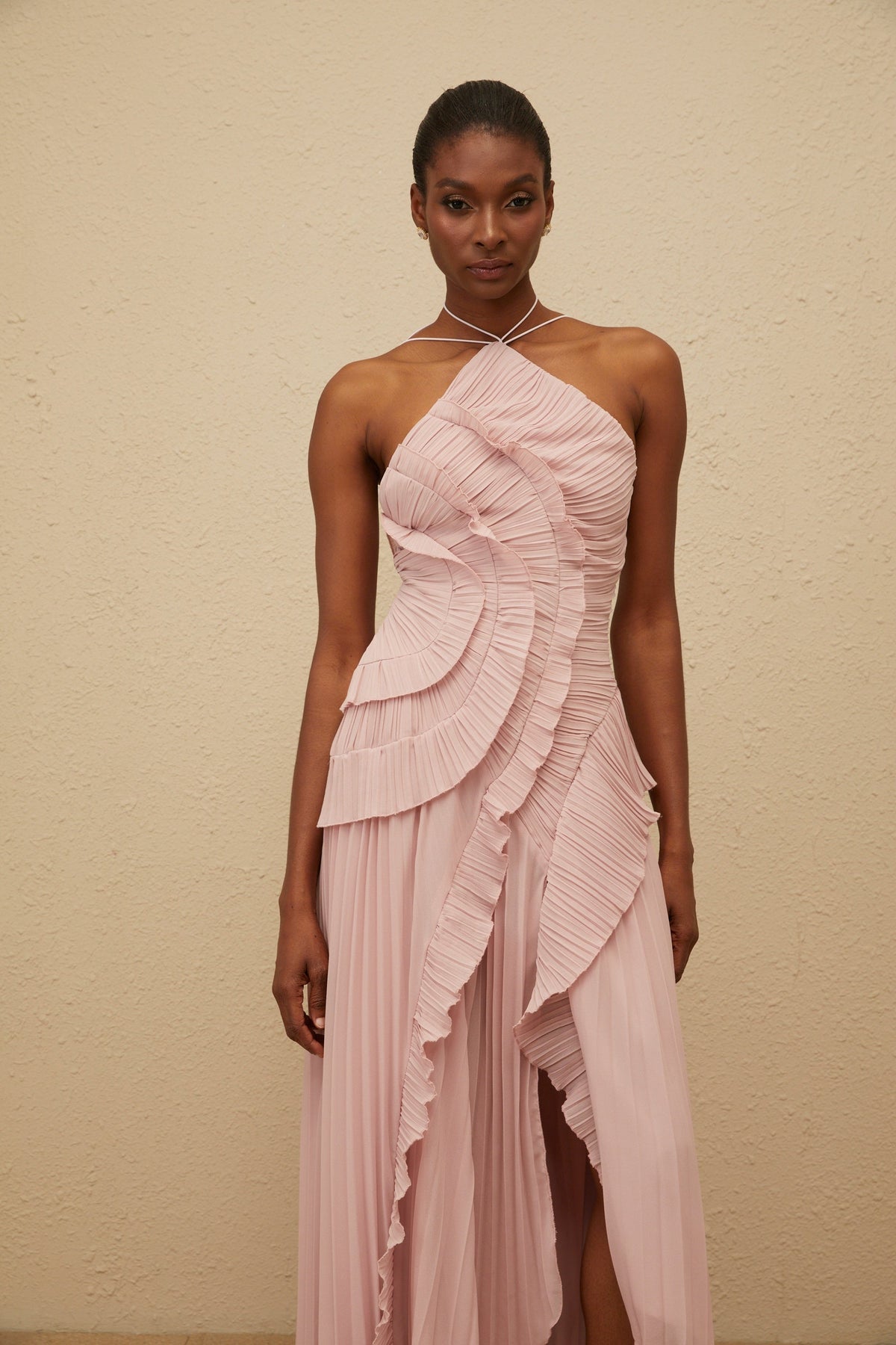 Doux Pink Ruffled Trim Pleated Midi Dress (Final Sale-US Only)