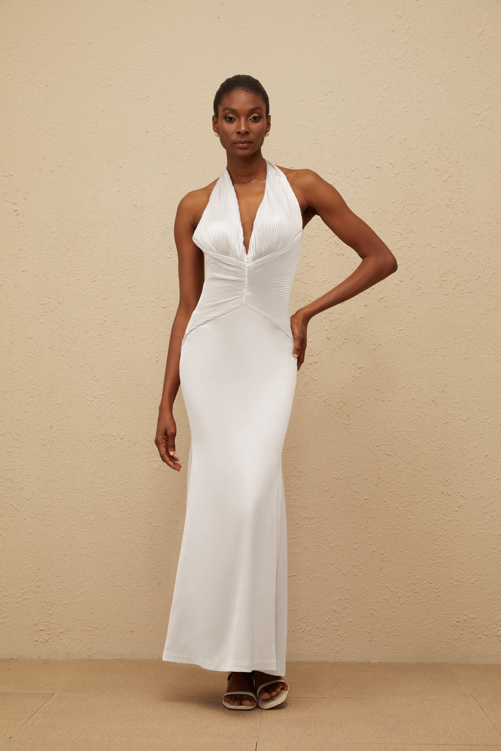 Colette White Halterneck Ruched Satin Gown