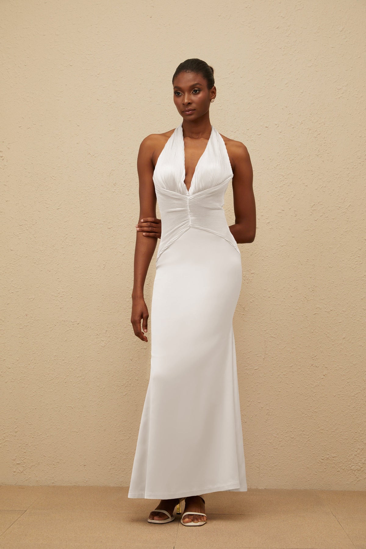 Colette White Halterneck Ruched Satin Gown (Final Sale)