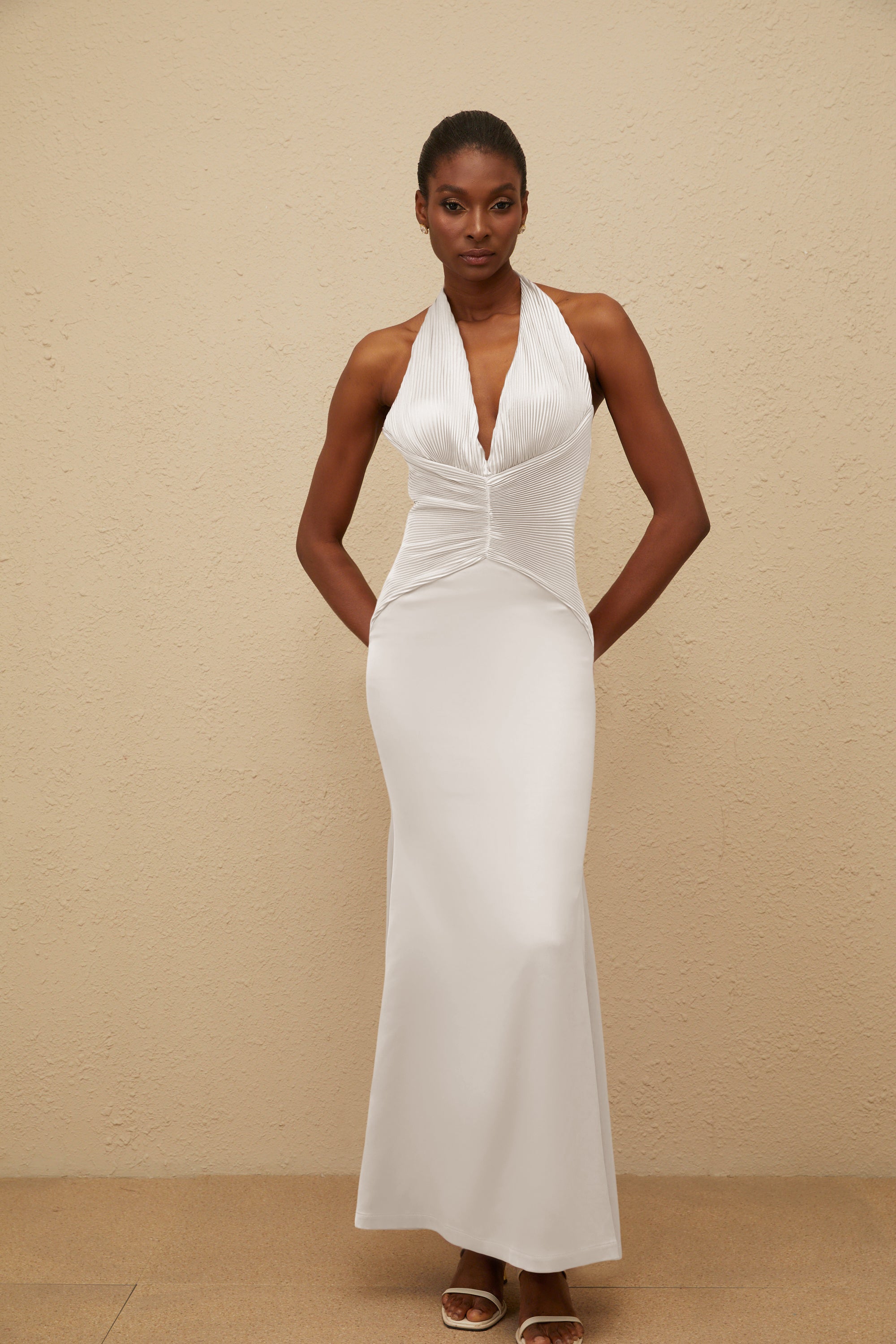 Colette White Halterneck Ruched Satin Gown